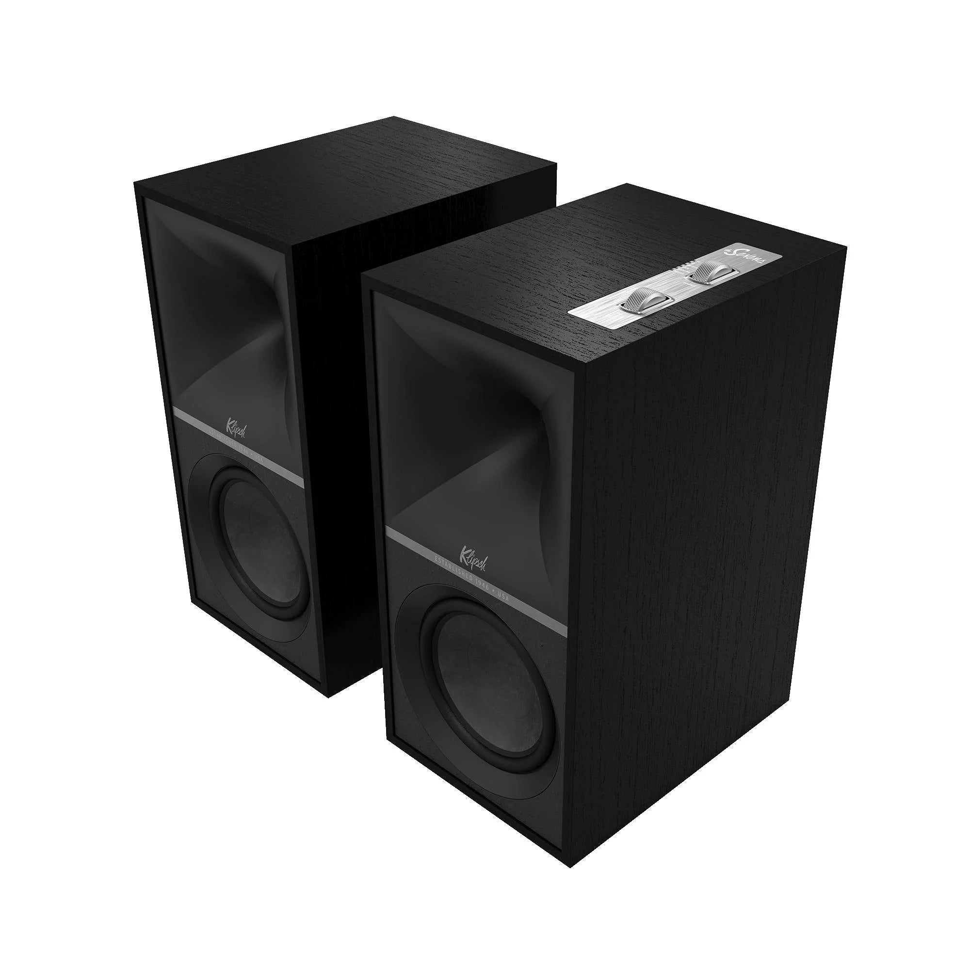 Boxe active Klipsch The Sevens negre, vedere frontală unghiulară, grile detașate, controale superioare.#color_black