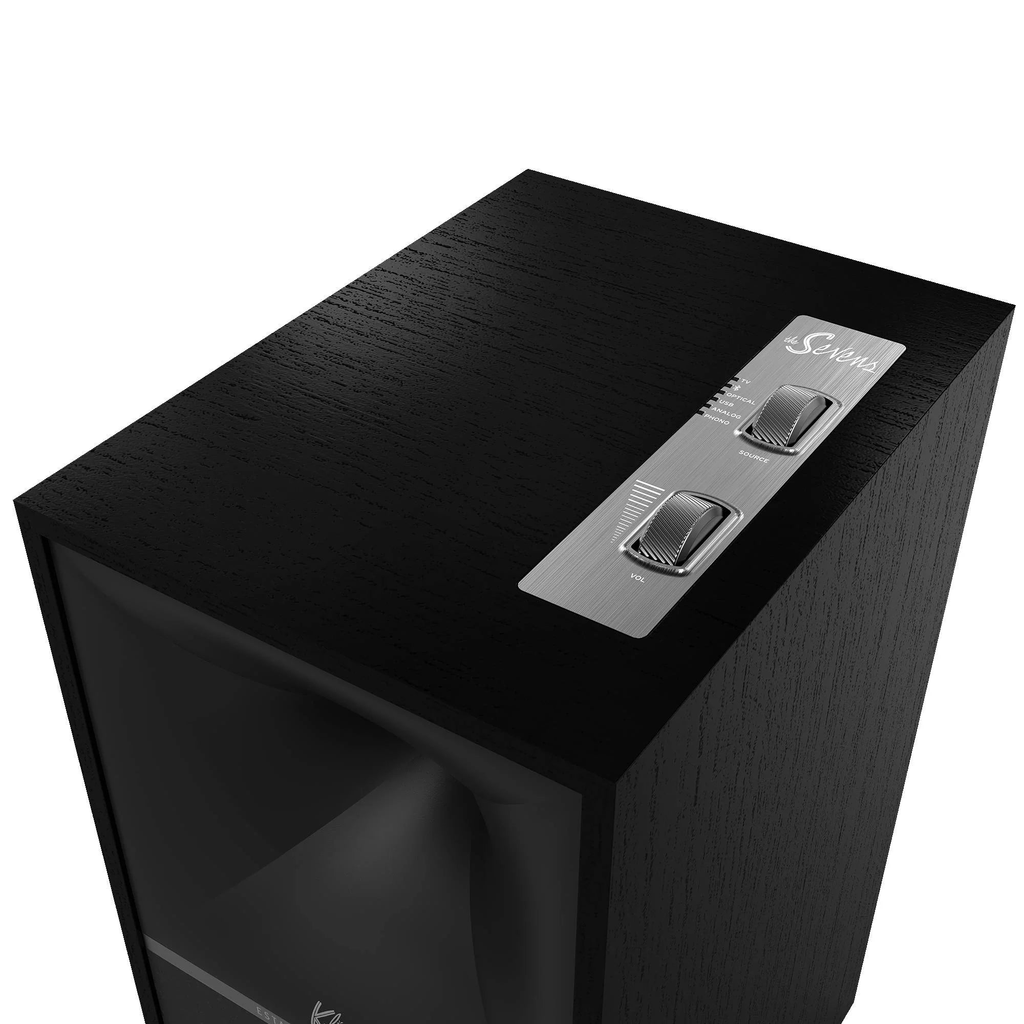Boxă activă Klipsch The Sevens Black, vedere de sus cu panou de control metalic și butoane de volum și sursă.