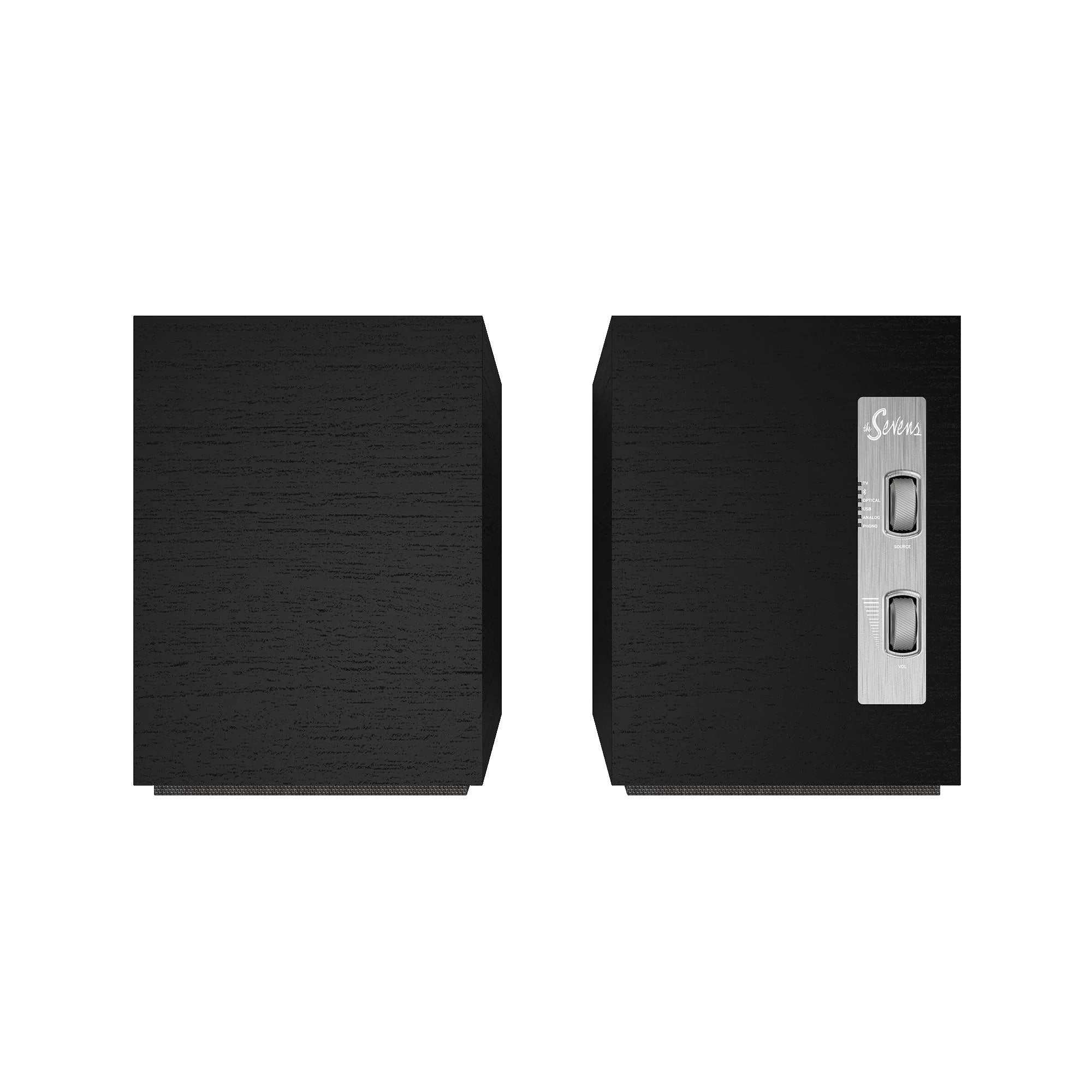 Vedere de sus a boxelor active Klipsch The Sevens Black, cu finisaj negru și panou de control metalic.