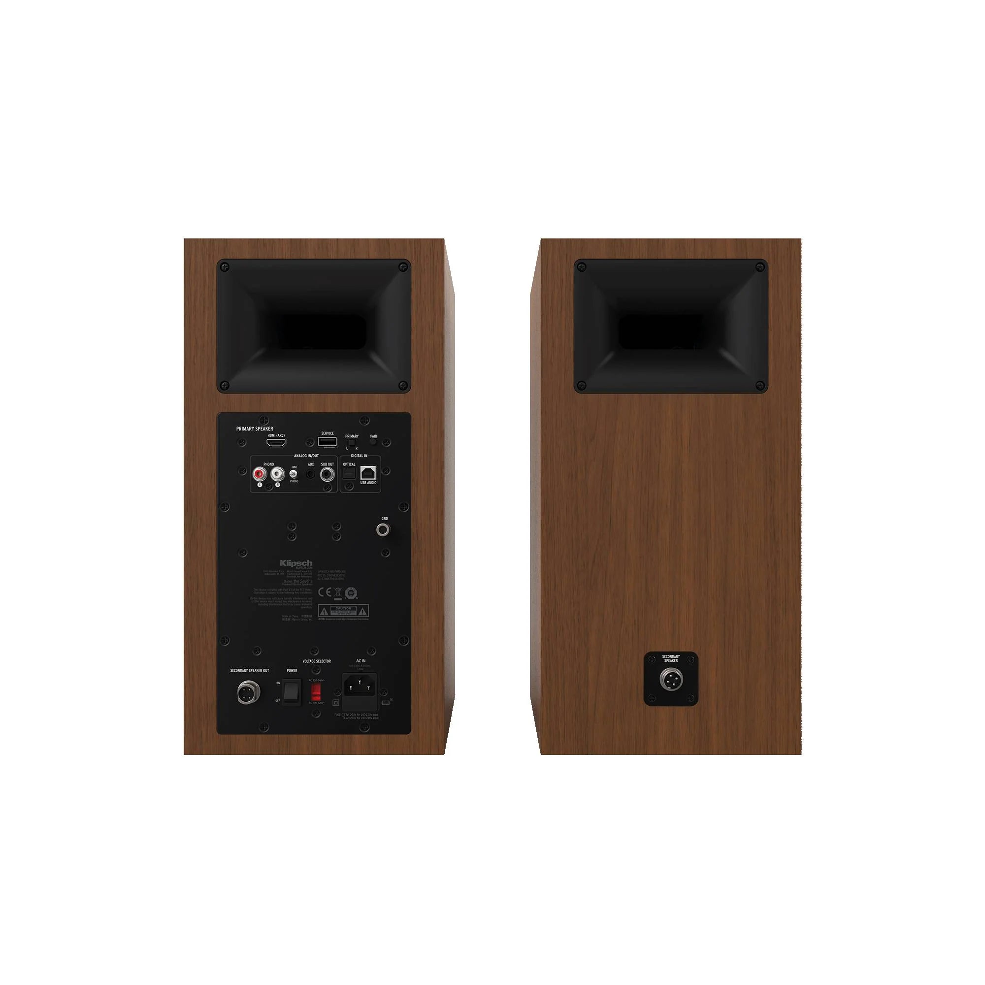Spatele boxelor Klipsch The Nines culoare nuc, cu porturi RCA, USB, optice, phono și conectori de alimentare.