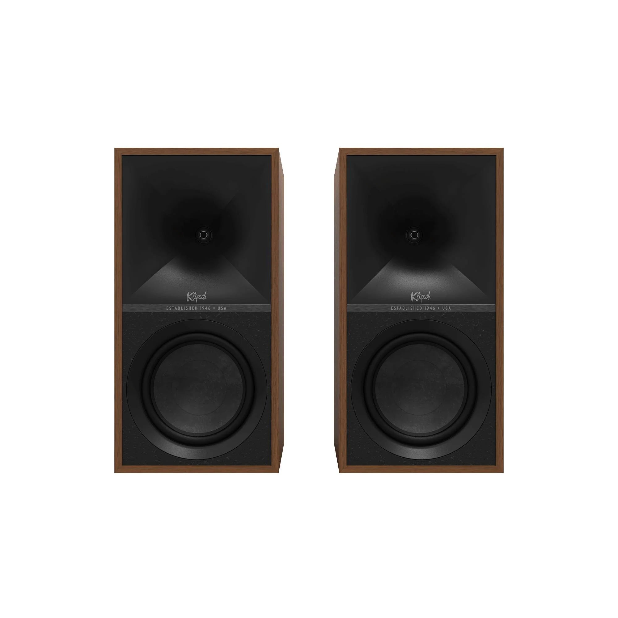 Boxe active Klipsch The Nines, vedere frontală, culoare nuc, grilaj frontal detașat, difuzoare expuse.