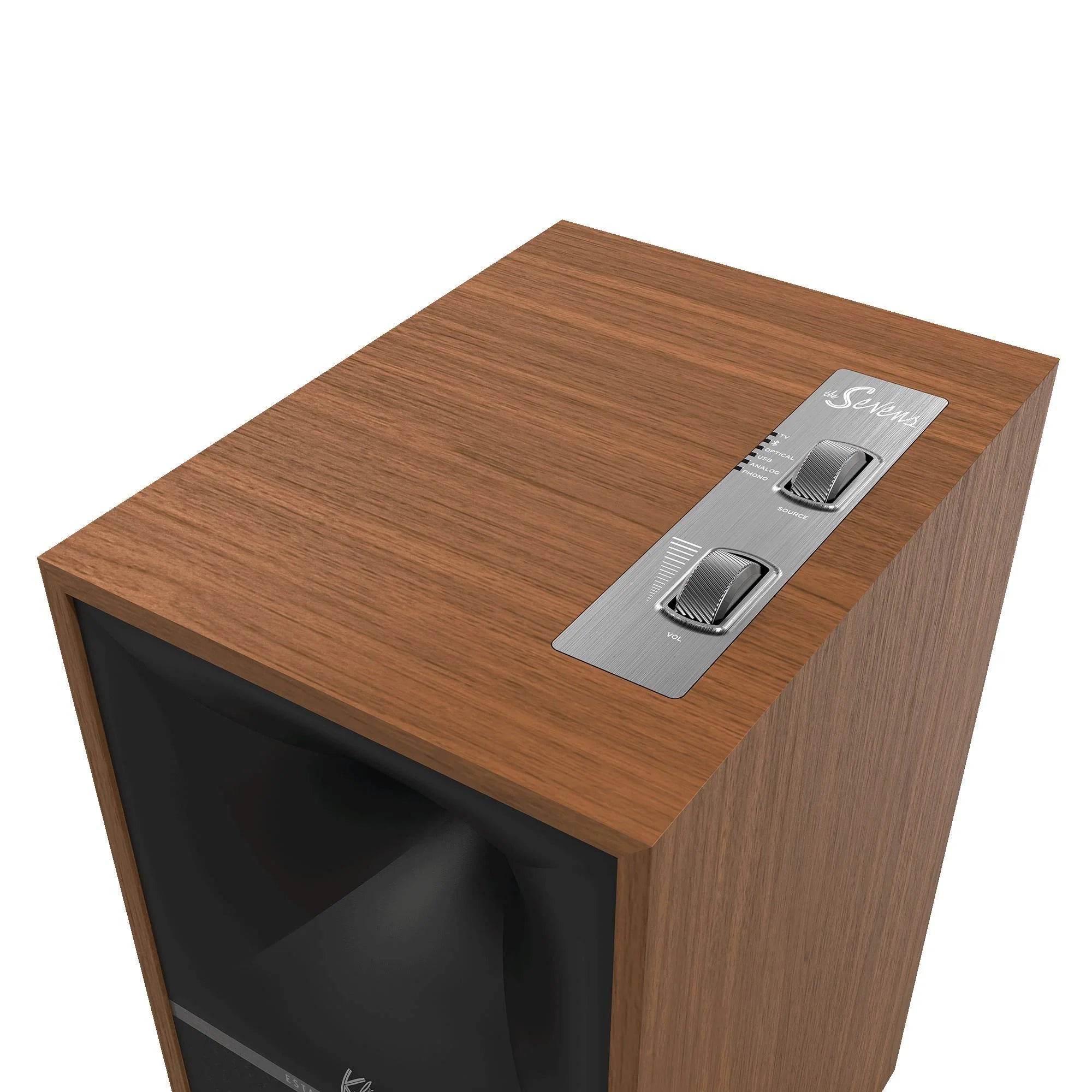 Boxă activă Klipsch The Sevens culoare nuc, vedere de sus cu panou de control metalic și butoane rotative.