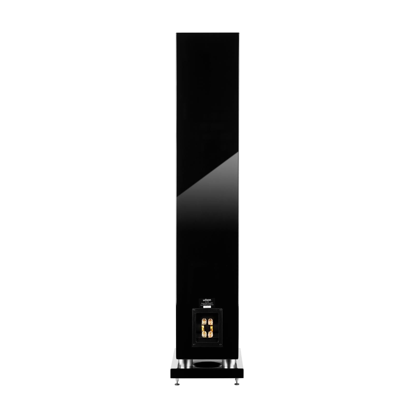Wilson Exclusive 10 Boxe de podea, vedere din spate, culoare Black High Gloss, terminale de conexiune vizibile.