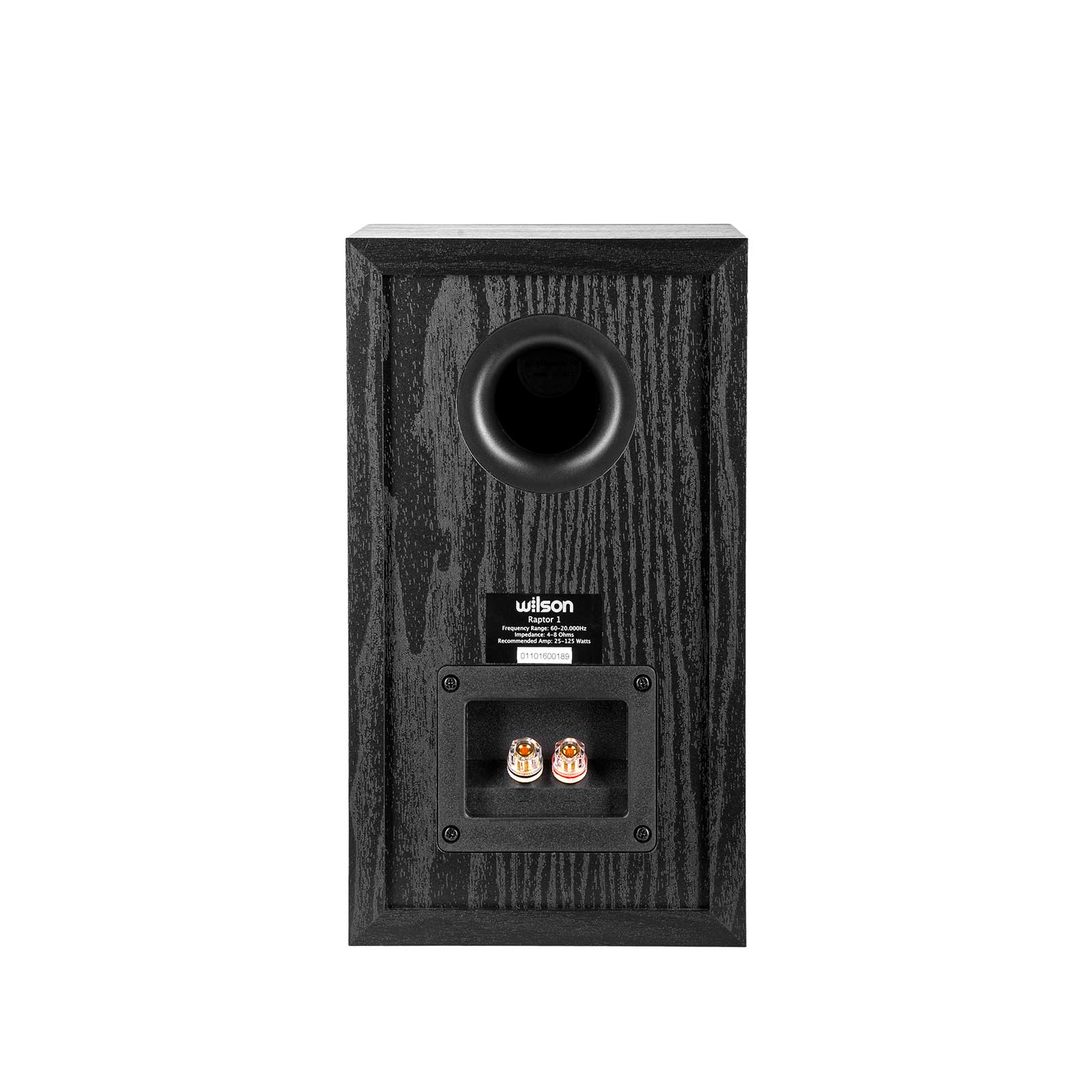 Spatele boxei Wilson Raptor 1 Black, arată conectorii audio și portul bass reflex. Textură lemn negru.