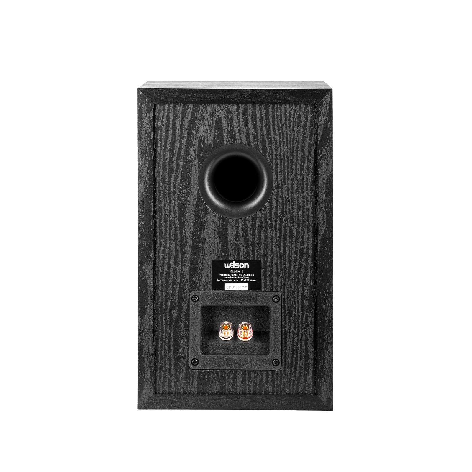 Spatele boxei Wilson Raptor 3, culoare neagră, cu port bass reflex și conectori pentru cabluri audio.