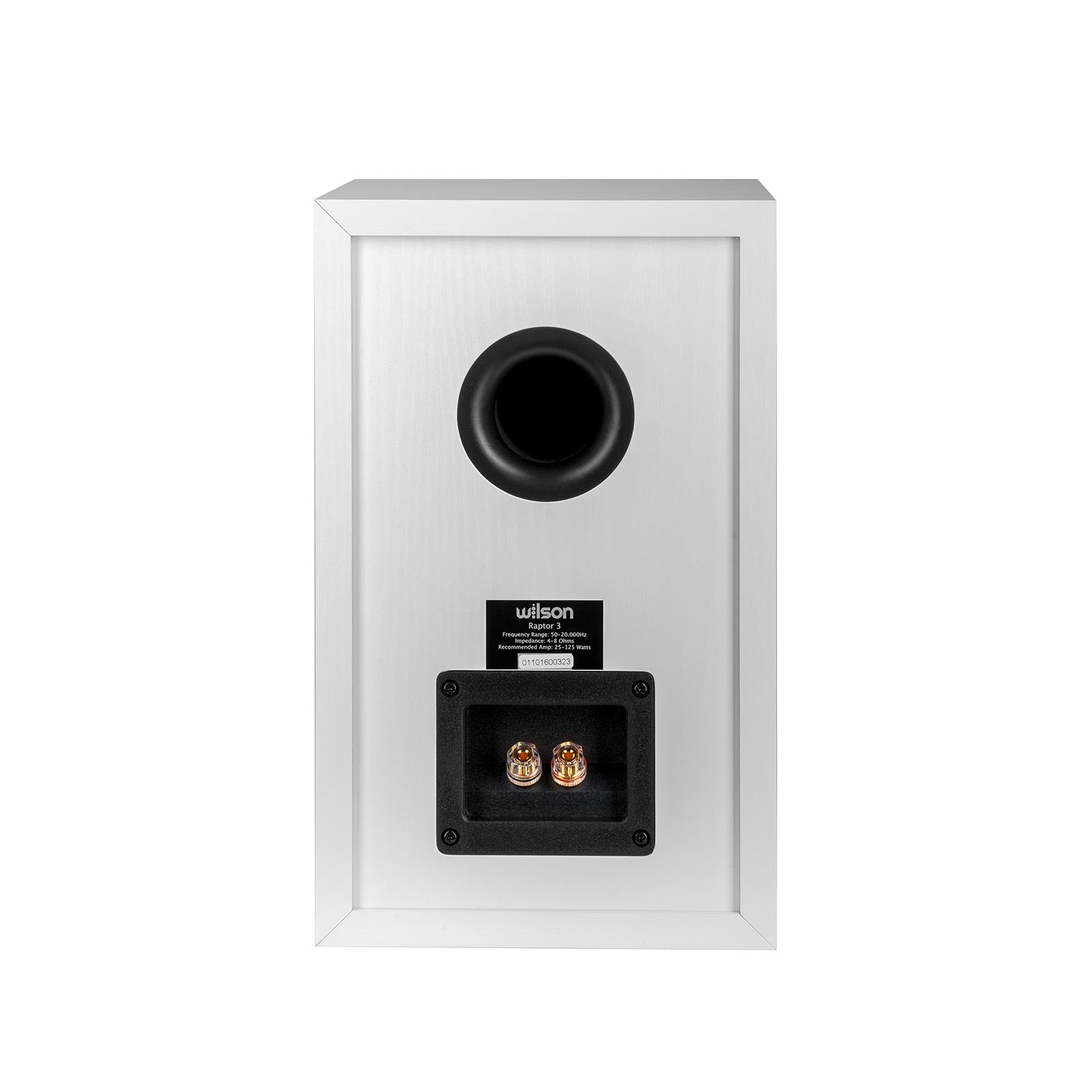 Spatele boxei Wilson Raptor 3 White, cu port bass reflex și conectori pentru cabluri, detalii tehnice vizibile.