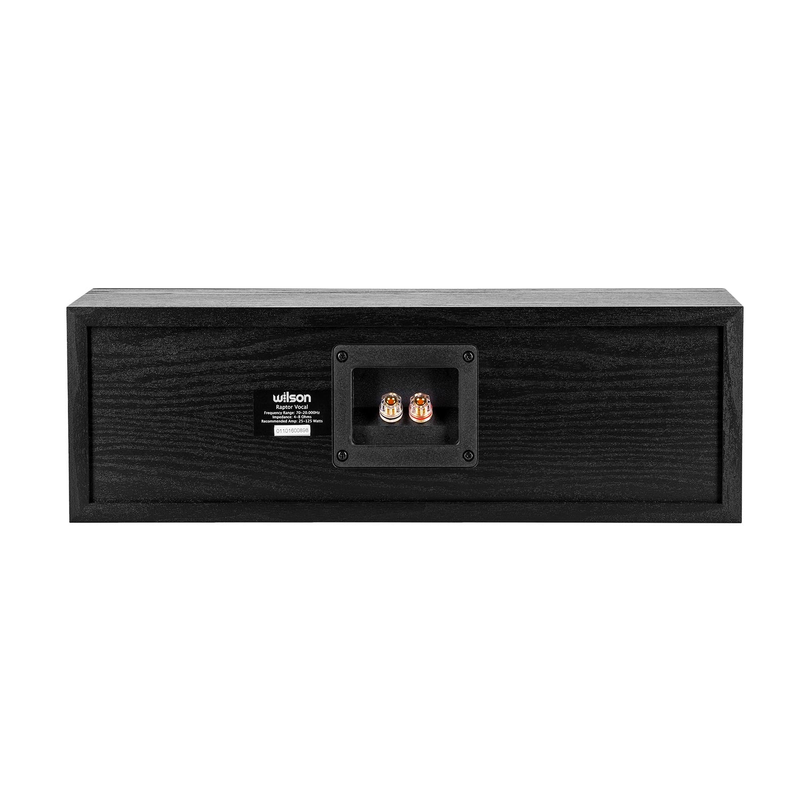 Spatele boxei Wilson Raptor Vocal, culoare neagră, arată conectorii și eticheta produsului. Ideal pentru sisteme home theater.