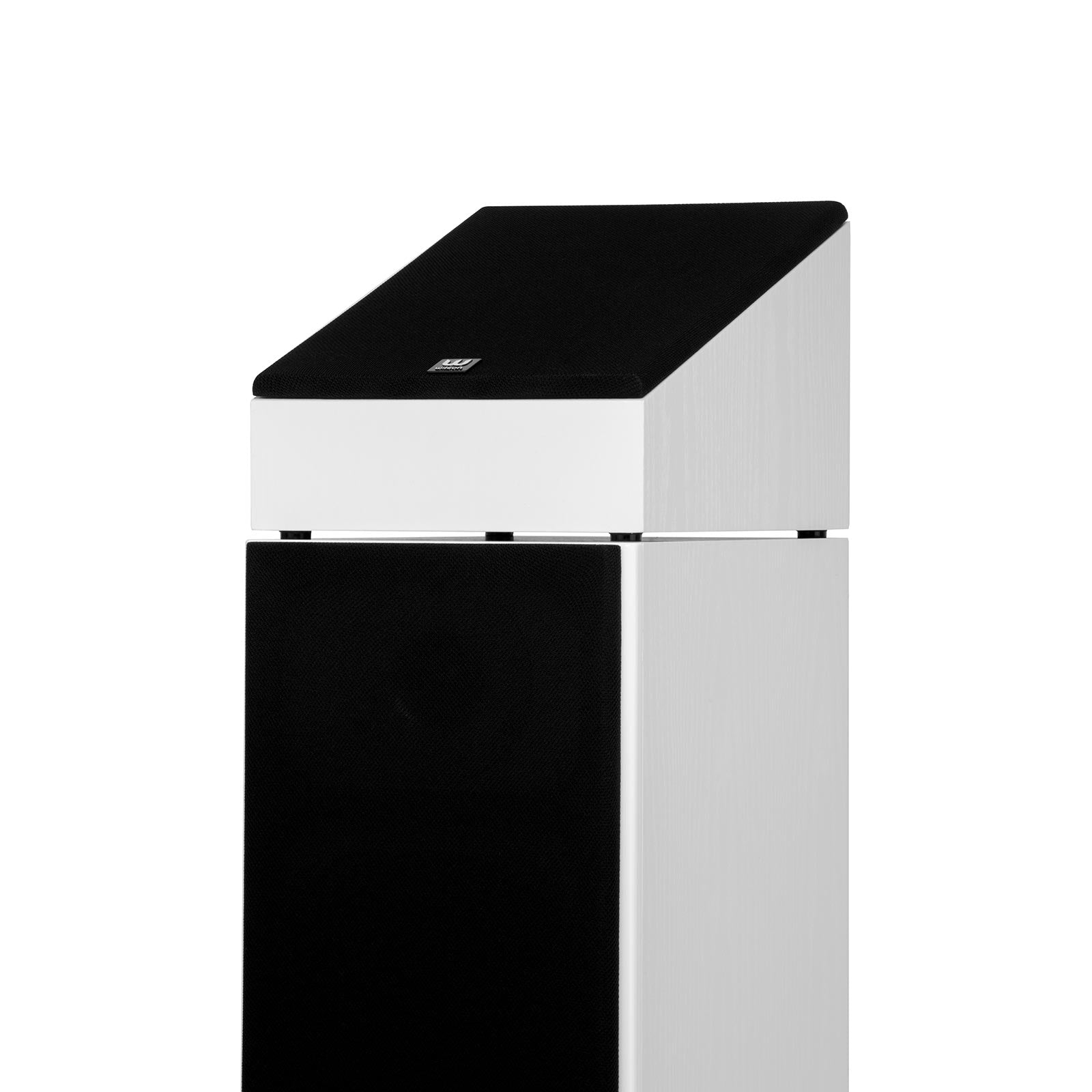 Boxa Wilson Raptor X albă, vedere laterală, cu grilă neagră superioară pentru sunet Atmos. Ideală pentru home theater.