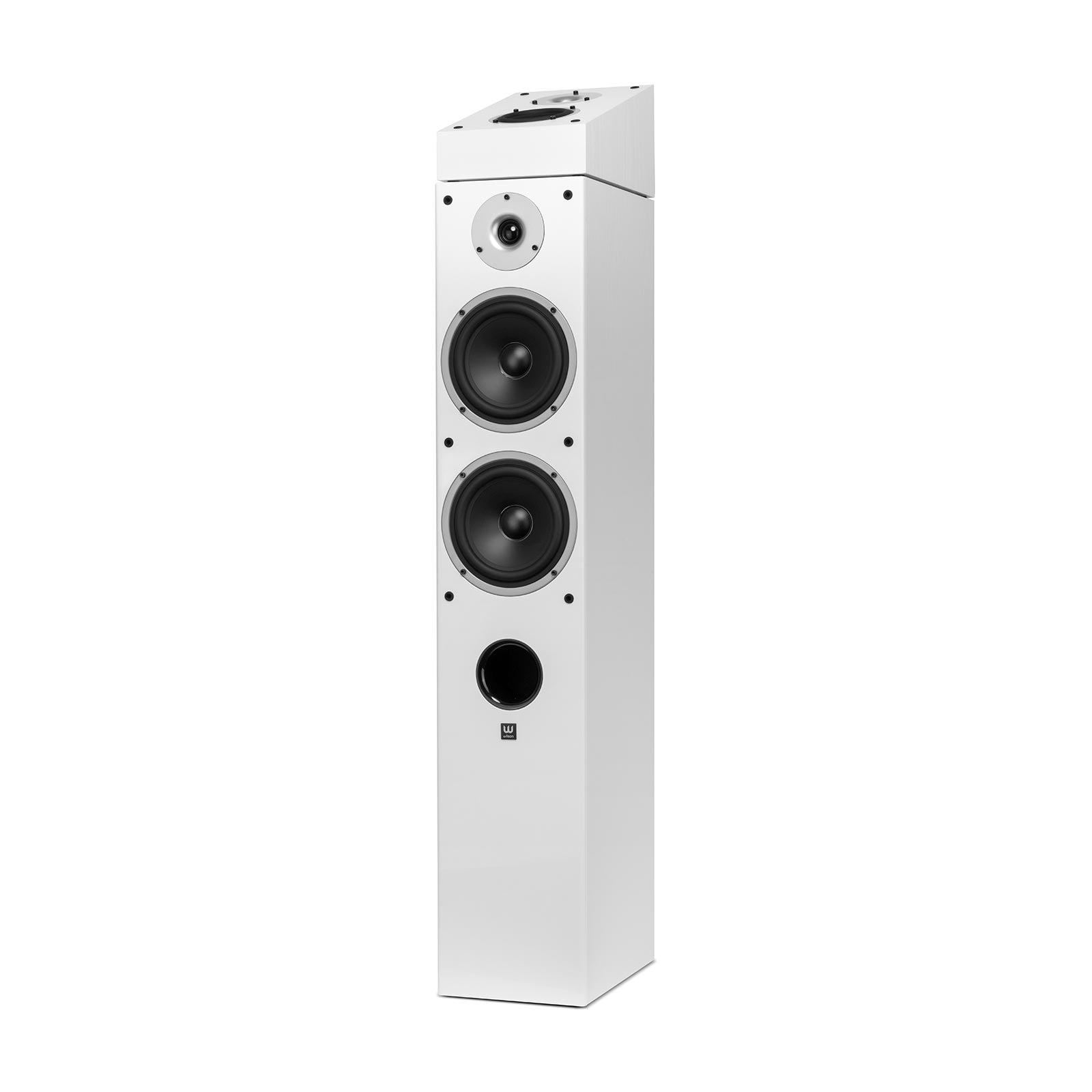 Boxa Wilson Raptor X White, vedere laterală, include două woofer-uri și un tweeter, ideală pentru sunet surround.