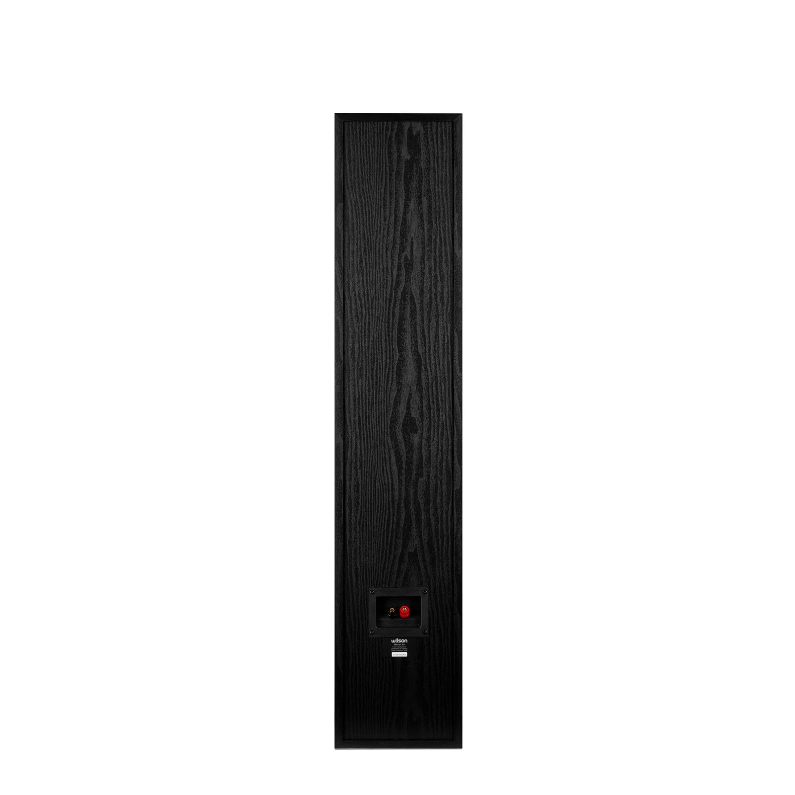 Spatele boxei Wilson Digits Six Black Oak, conectori pentru cabluri și finisaj negru din lemn de stejar.