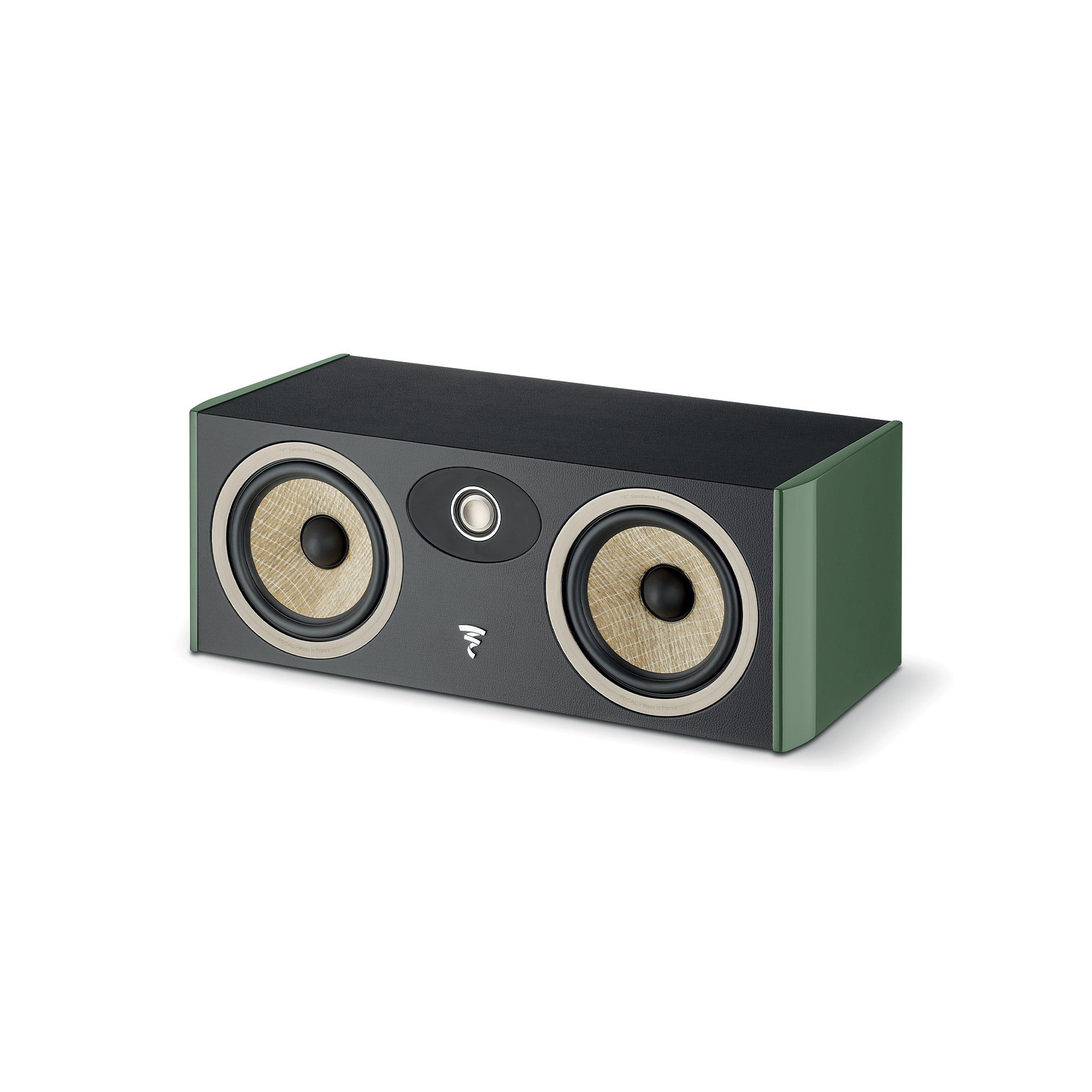 Boxa centru Focal ARIA EVO X CENTER, vedere frontală, culoare verde mușchi, cu două difuzoare vizibile.