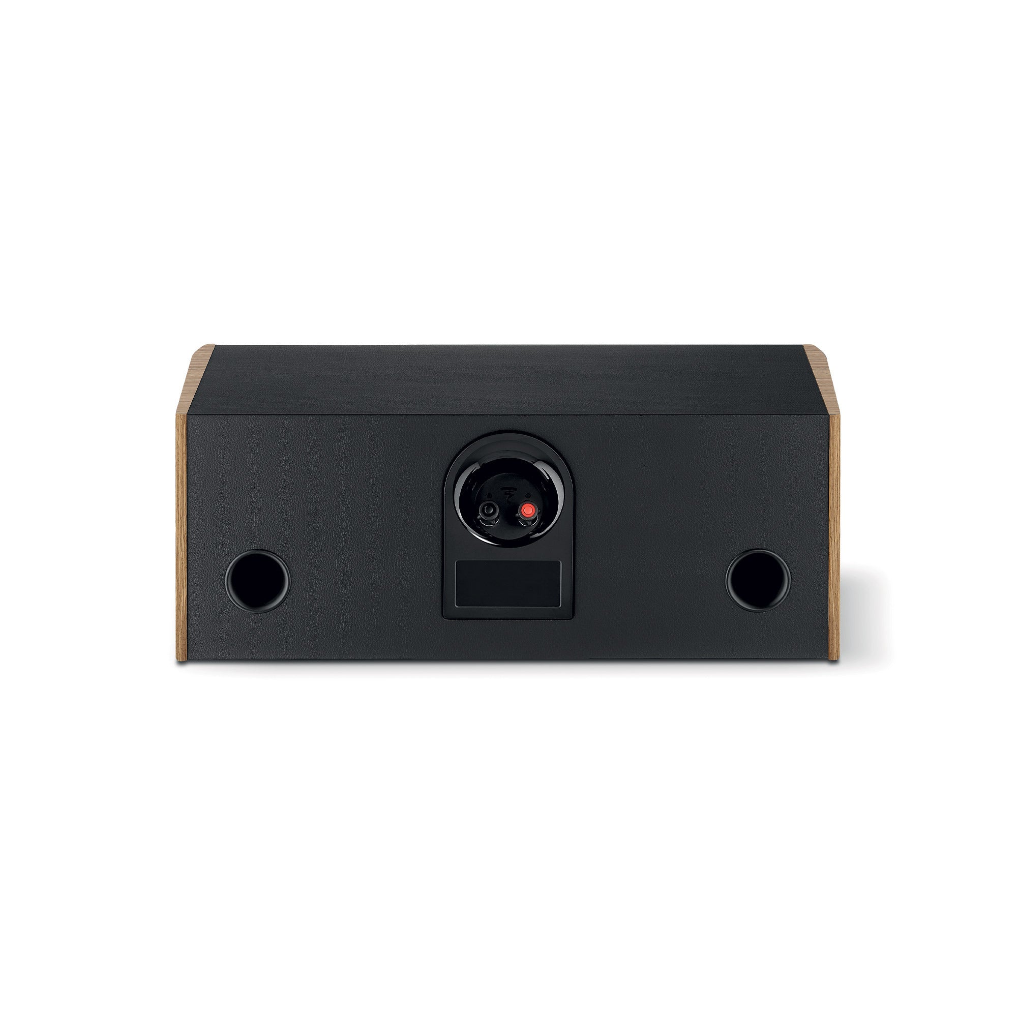 Focal ARIA EVO X CENTER, vedere din spate, culoare nuc, cu porturi de conectare și finisaje laterale din lemn.