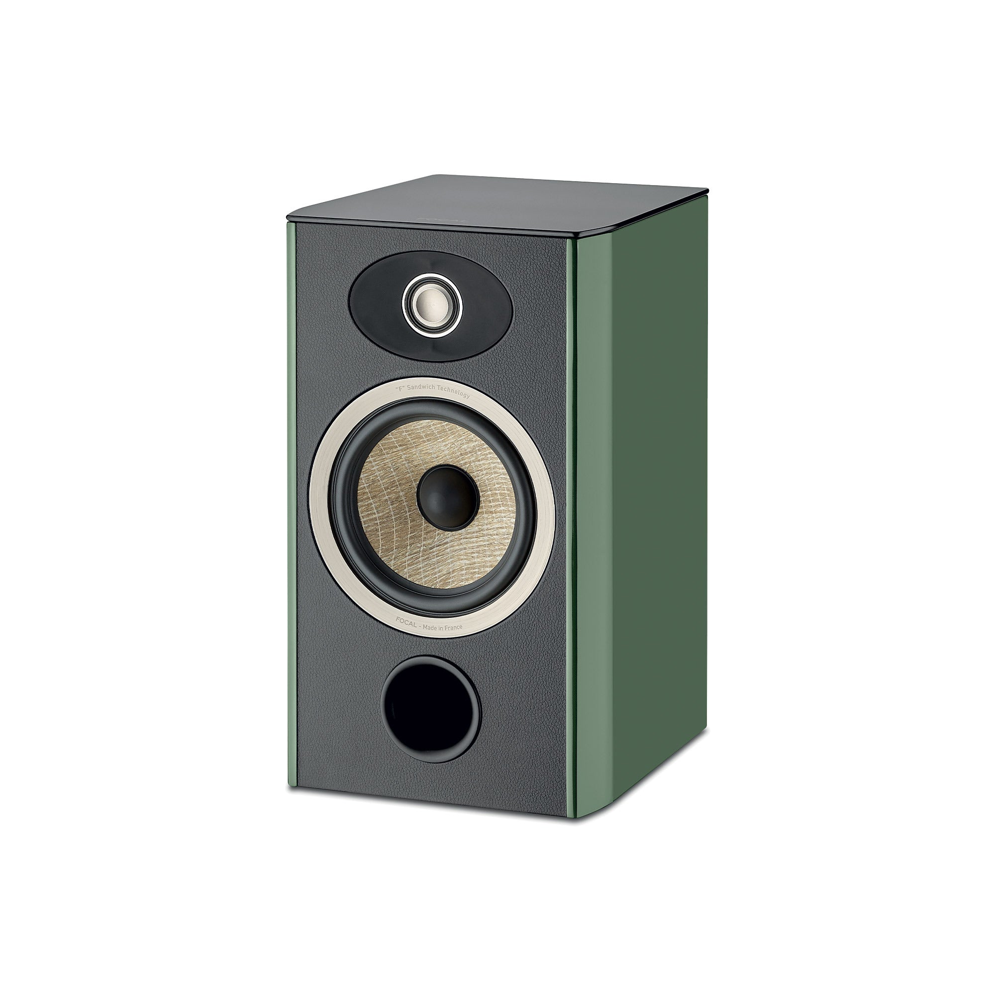 Boxă Focal ARIA EVO X N°1, culoare verde mușchi, vedere din unghi de 34°, difuzor și tweeter vizibile.