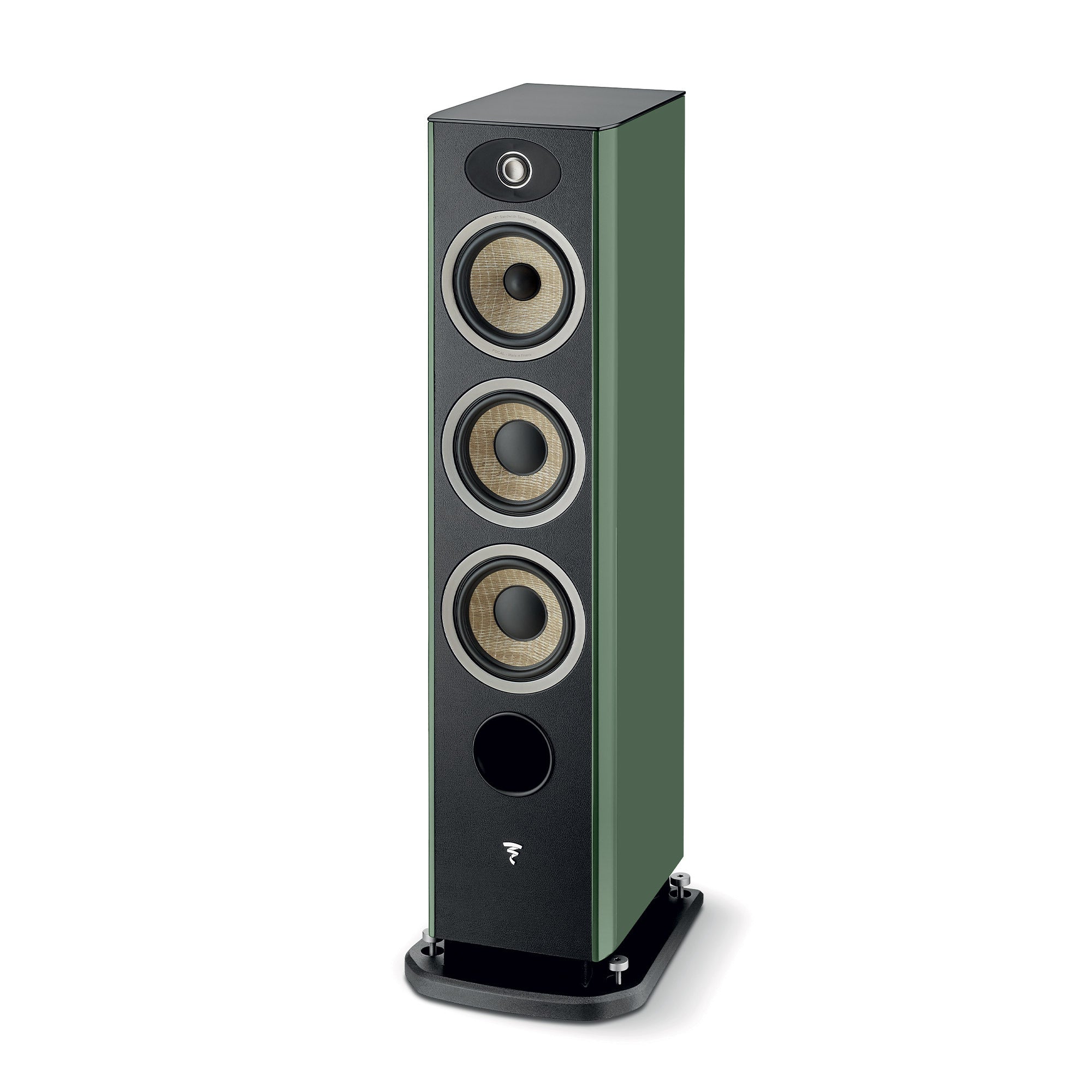 Boxa de podea Focal ARIA EVO X N2, culoare verde mușchi, vedere din față, cu trei difuzoare și port bass reflex.