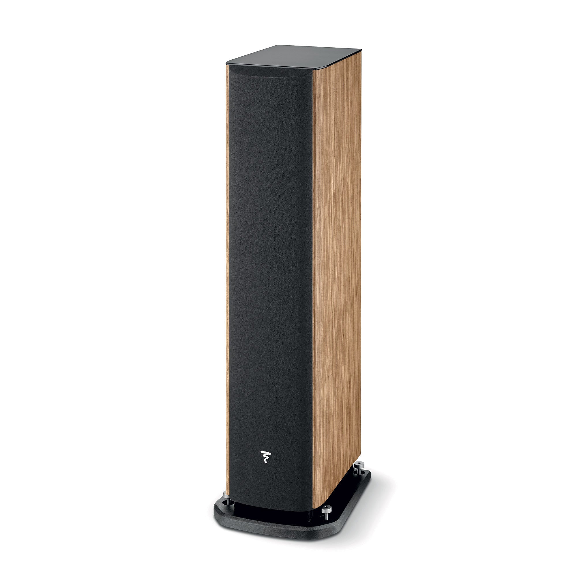 Boxa de podea Focal ARIA EVO X N2, culoare walnut, vedere laterală, grilaj frontal negru, bază stabilă.