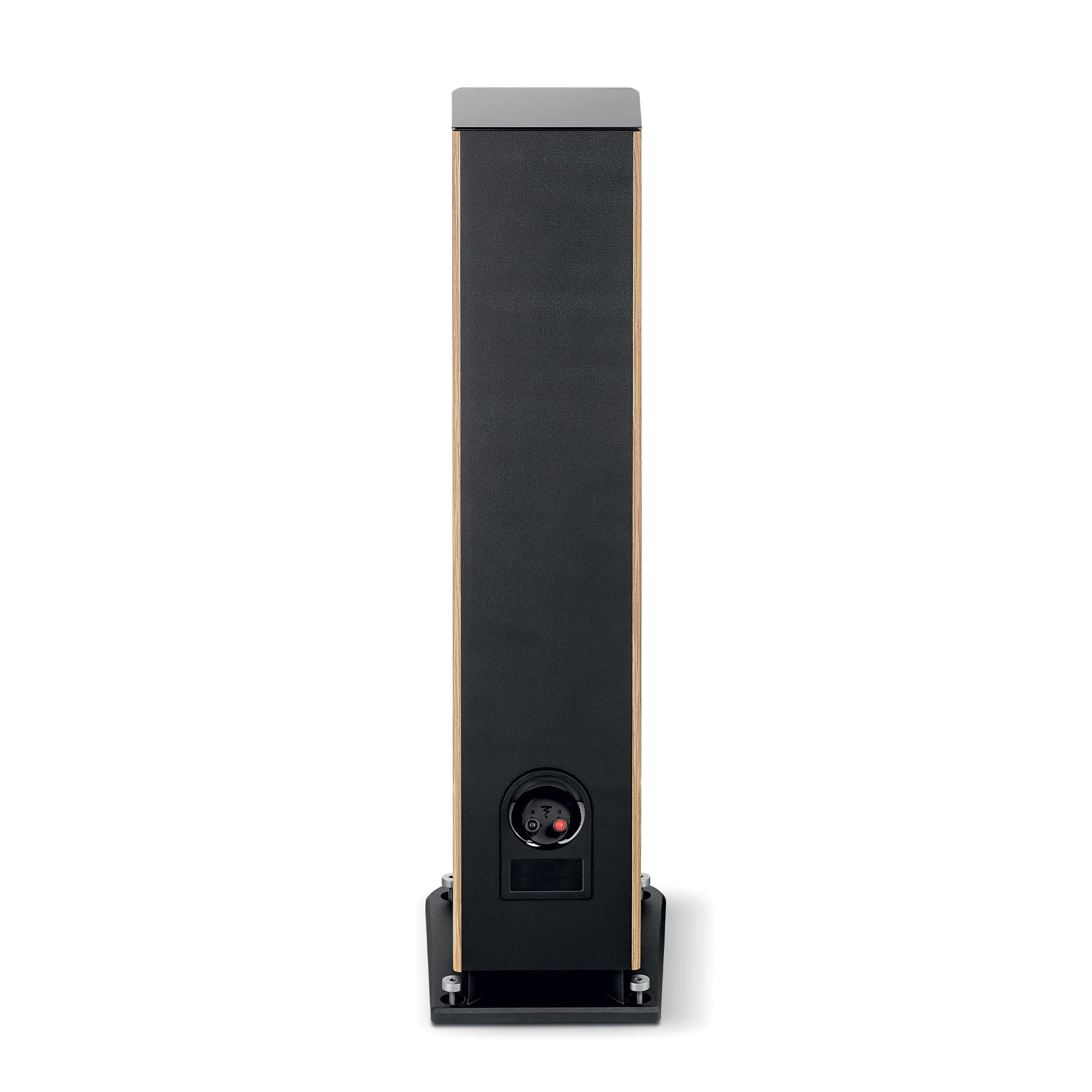 Focal ARIA EVO X N2 Boxe de podea, vedere din spate, culoare nuc, cu conectori vizibili și bază stabilă.