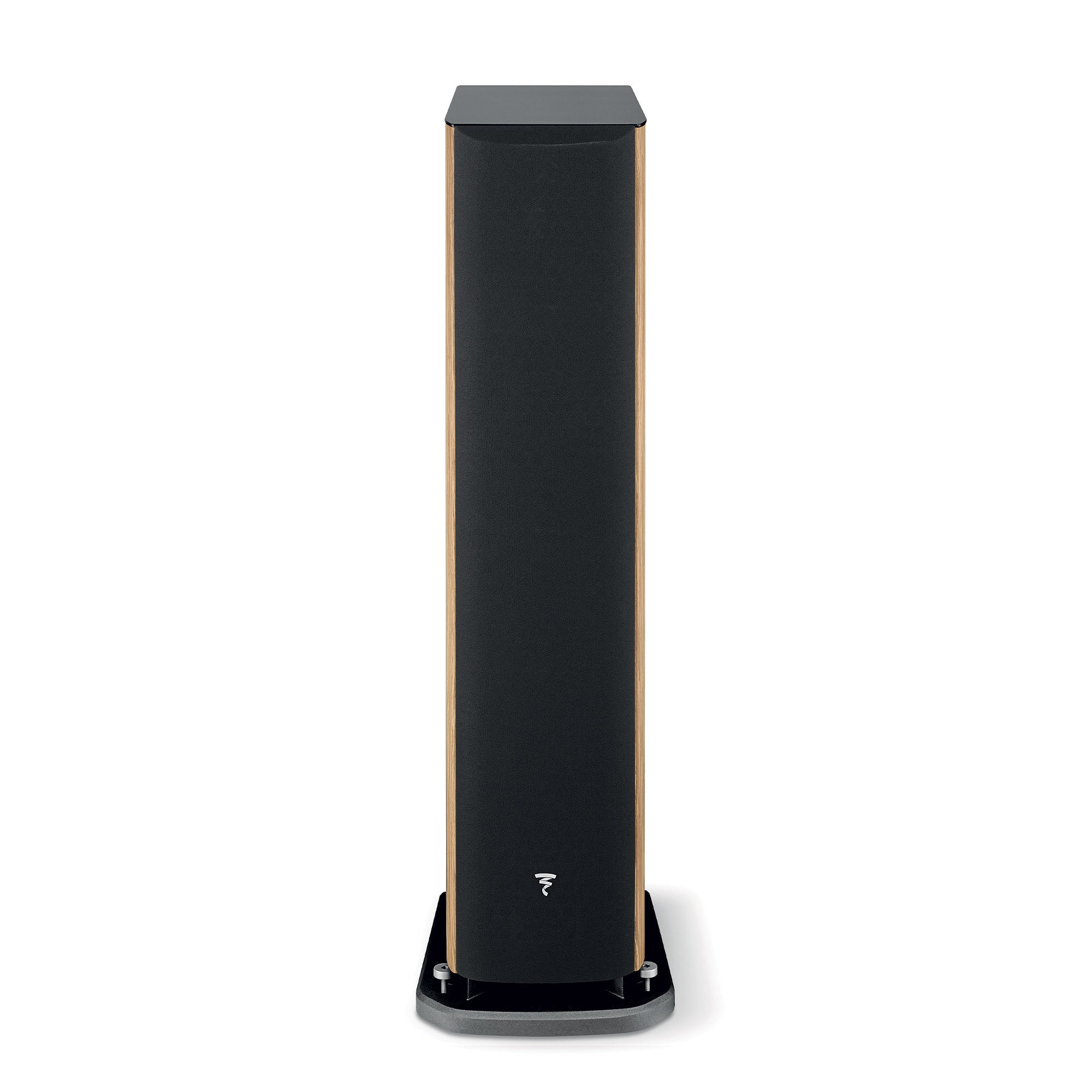 Focal ARIA EVO X N2 Boxe de podea, vedere frontală, finisaj nuc, grilă neagră, bază stabilă.