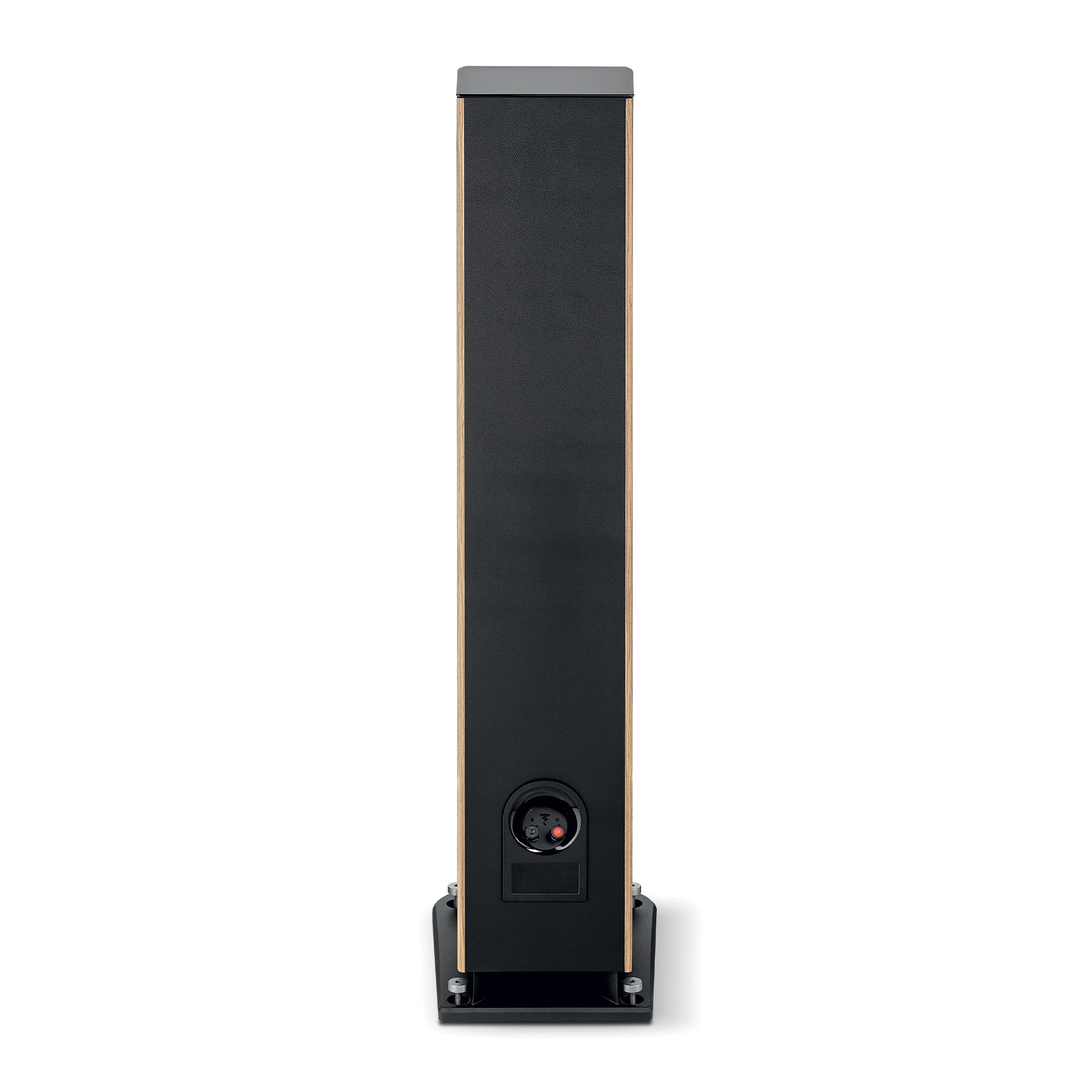 Focal ARIA EVO X N3 Boxe de podea, vedere din spate, culoare nuc, conectori vizibili pentru cabluri audio.
