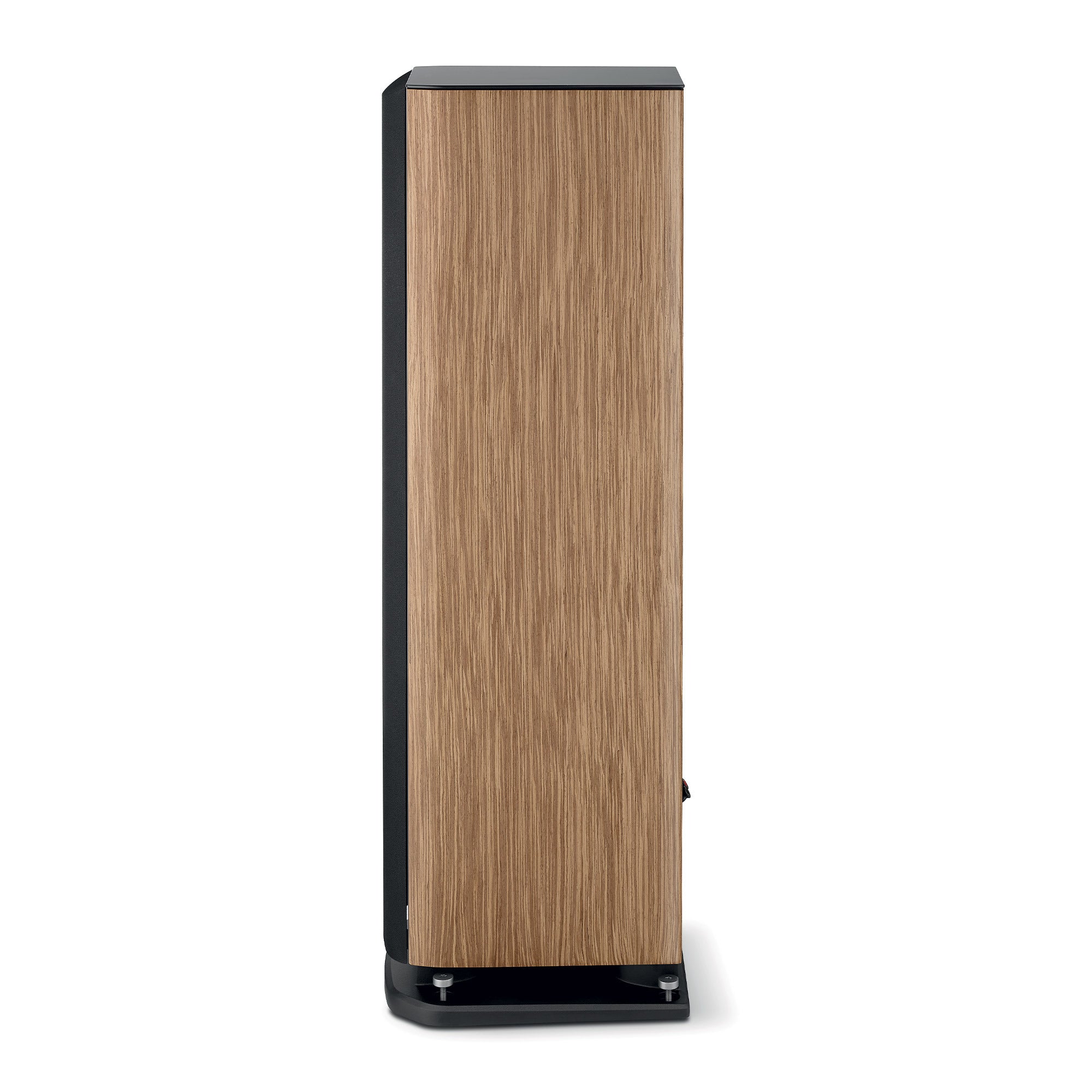 Boxă de podea Focal ARIA EVO X N3, profil lateral, finisaj nuc, bază neagră, detalii structurale vizibile.