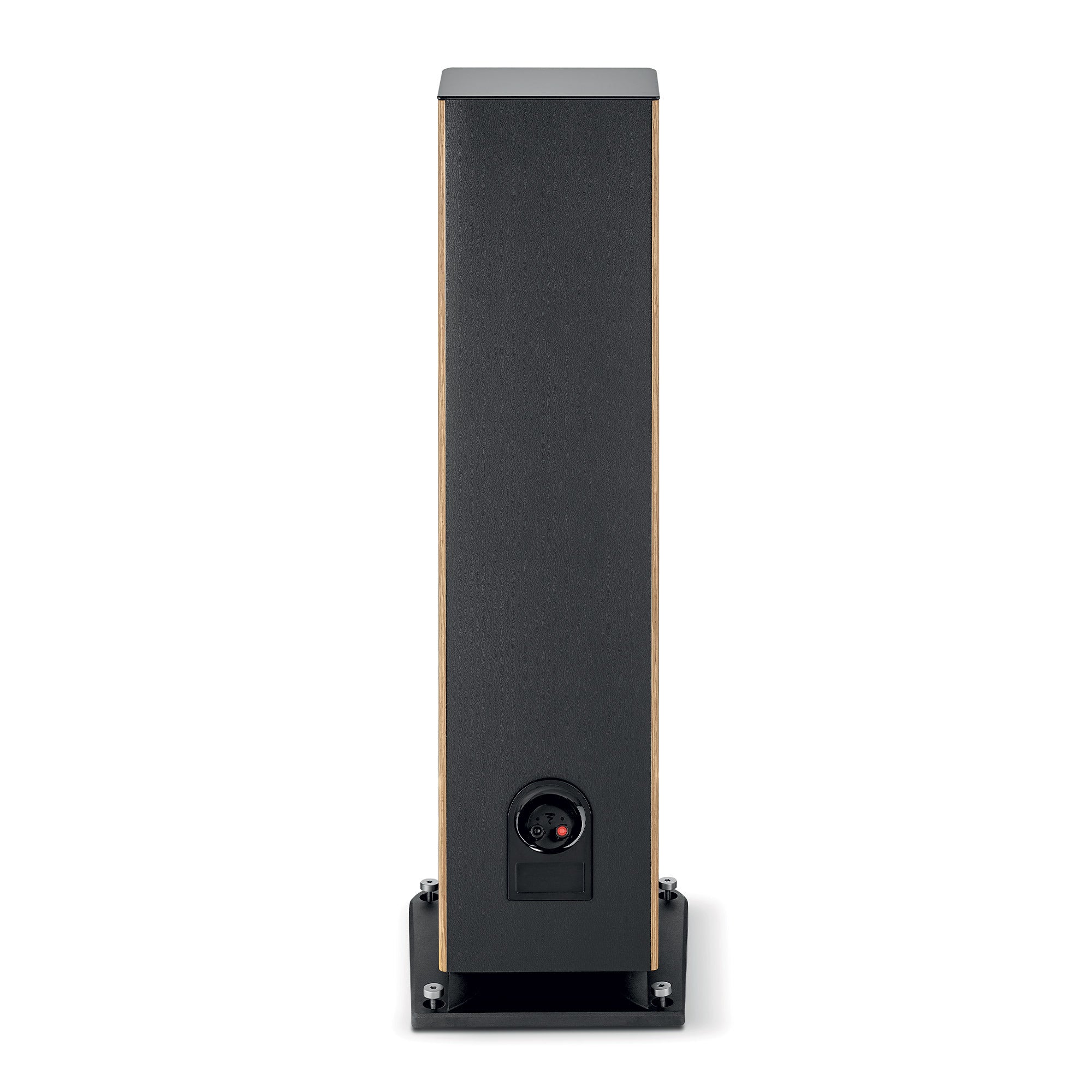 Focal ARIA EVO X N4 Boxe de podea, vedere din spate, culoare nuc, conectori vizibili, bază stabilă.