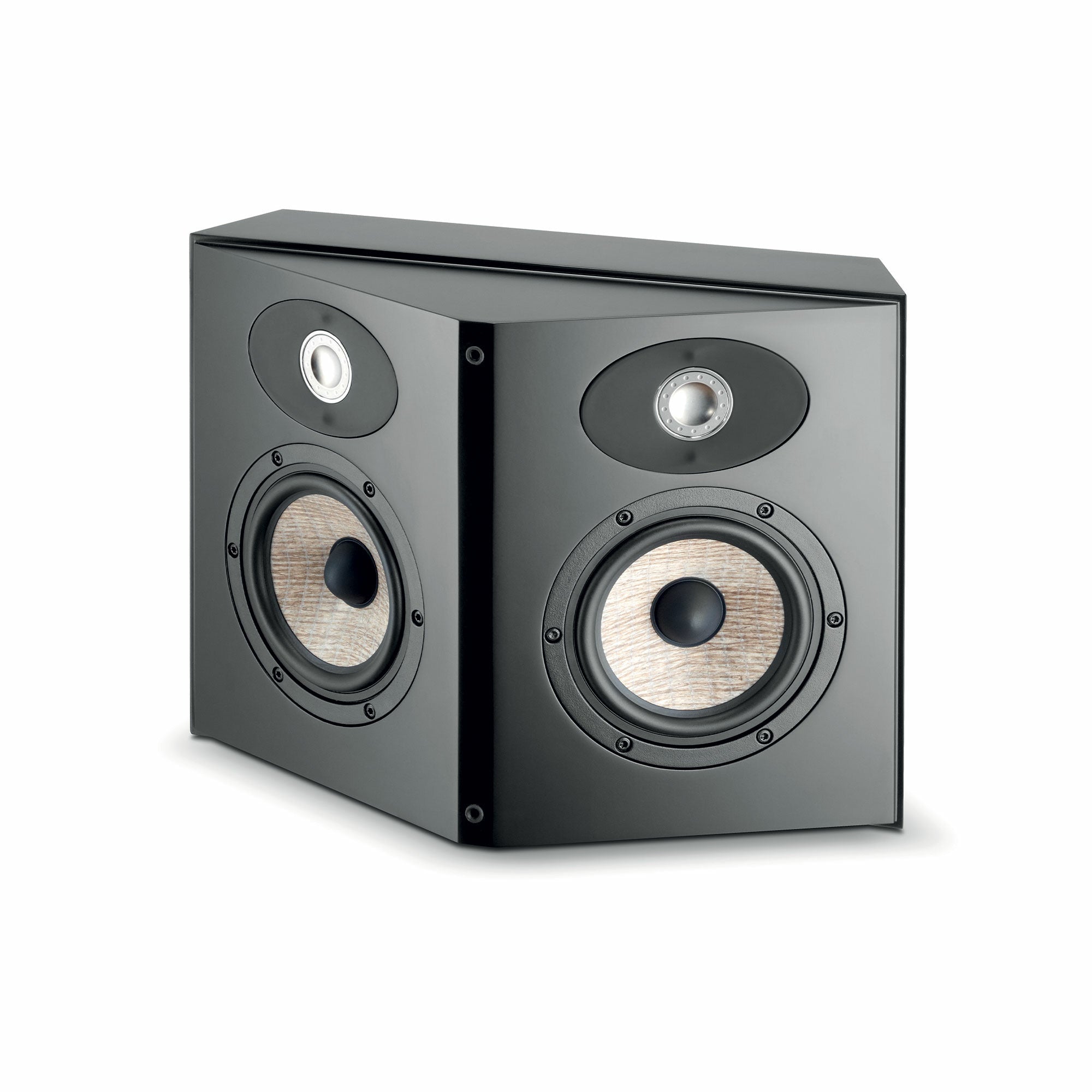 Focal ARIA SR 900 Boxe centru, negru, vedere din unghi de 34 grade, două difuzoare vizibile frontal.