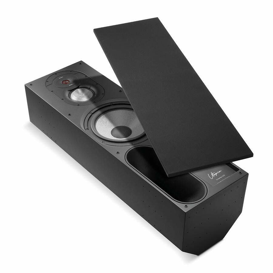 Boxă Focal Cinema LCR IN-WALL, vedere de sus, negru, capac detașabil, difuzoare vizibile, model Utopia.