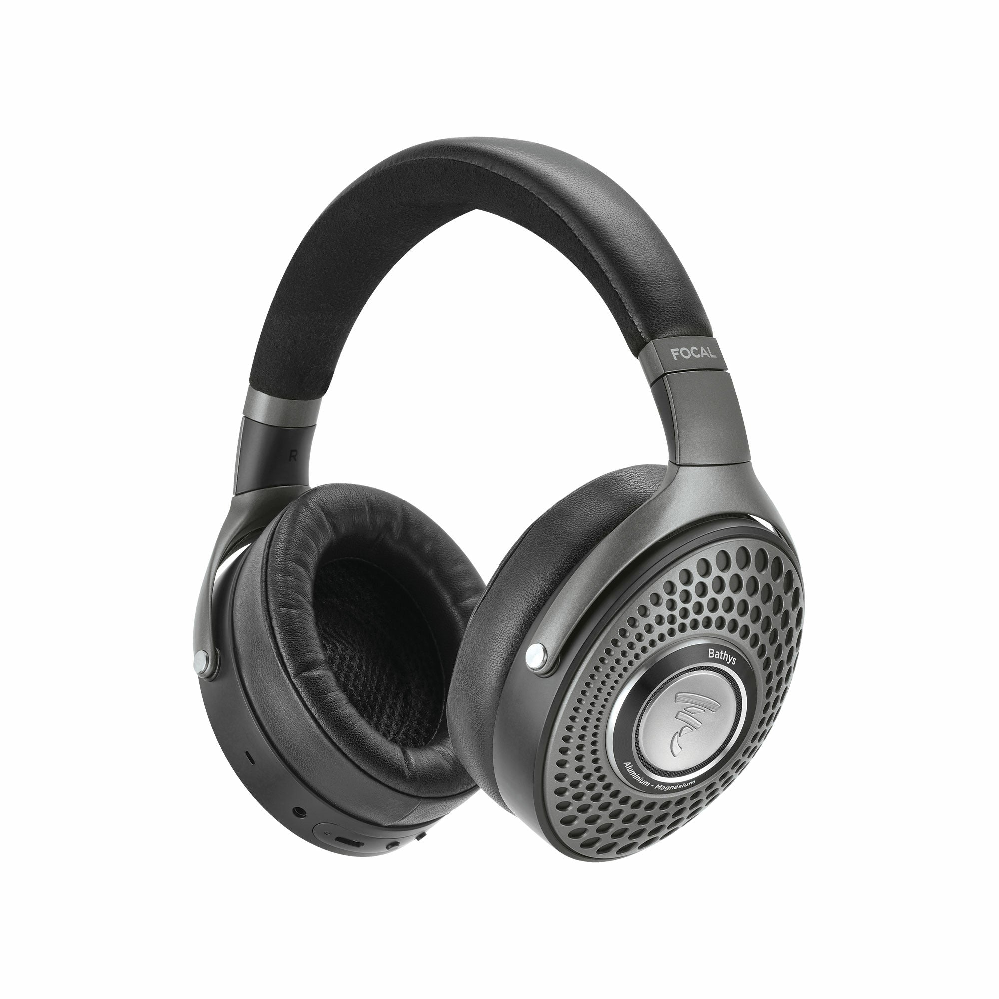 Căști Focal Bathys Bluetooth, vedere din stânga, culoare gri închis, cupe mari și butoane laterale.#color_black