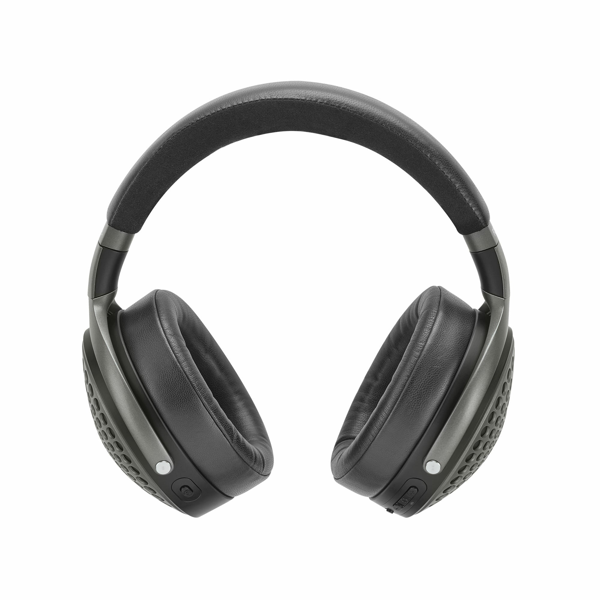 Căști Focal Bathys Bluetooth, vedere din spate, culoare gri închis, cupe mari și butoane vizibile.