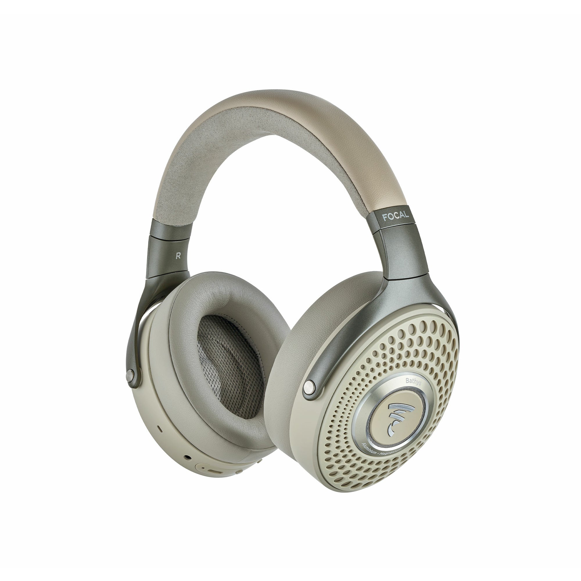 Căști Bluetooth Focal Bathys Dune, vedere laterală, cupe mari, pernițe moi, bandă ajustabilă.