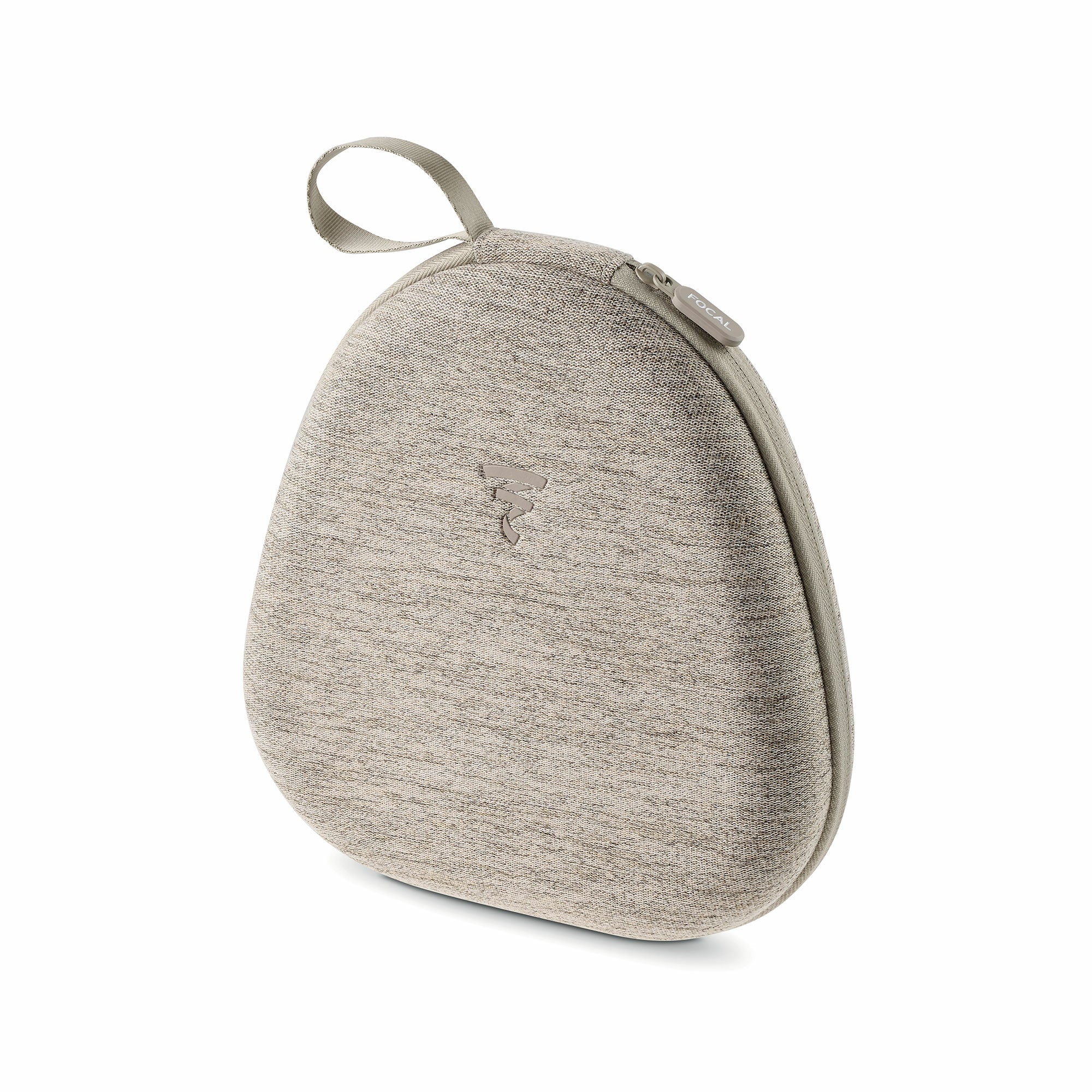 Husă Focal Bathys Casti Bluetooth, culoare dune, cu fermoar și logo vizibil, vedere laterală.