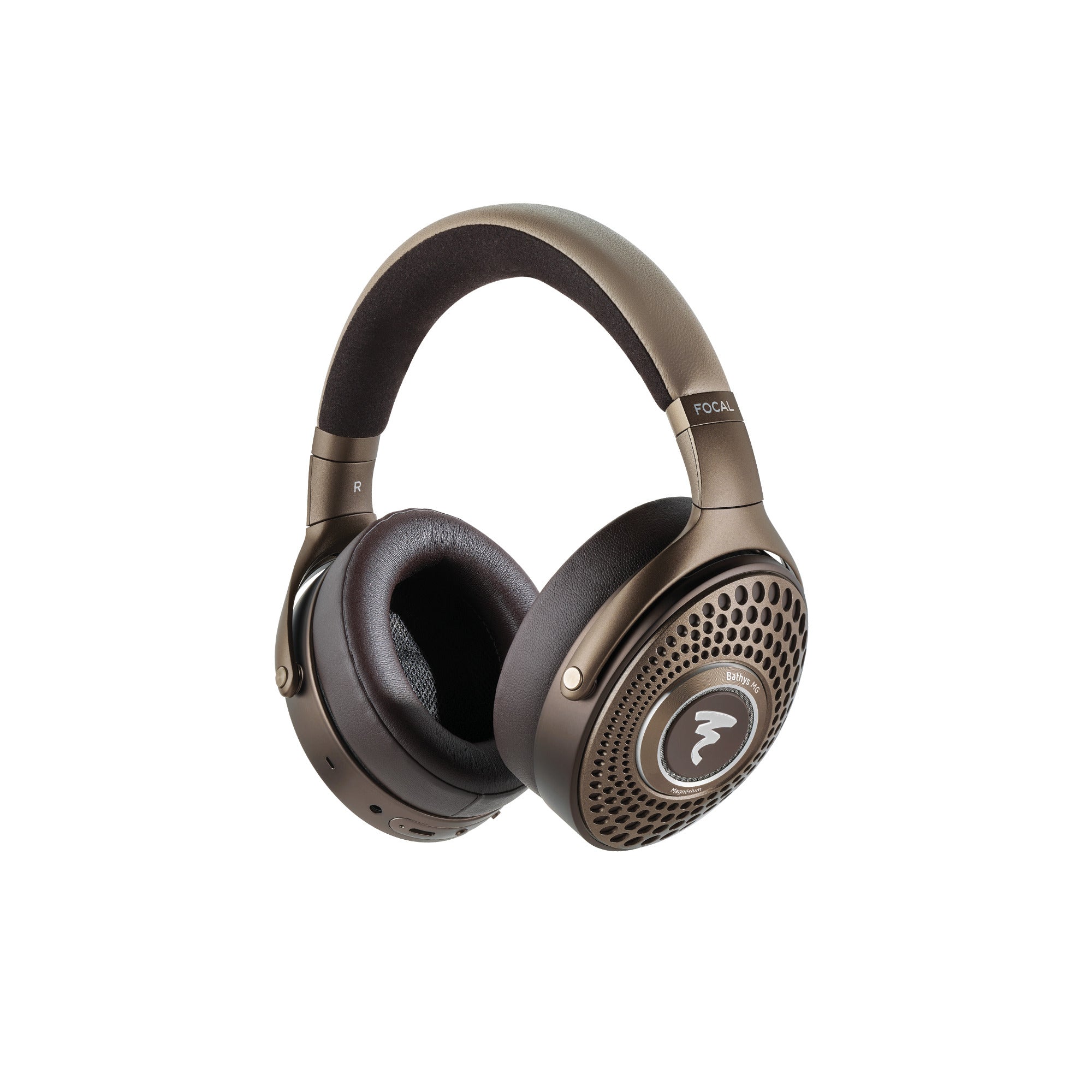 Focal Bathys MG Casti, vedere laterală dreapta, culoare bronz, cupe mari, logo vizibil pe cupe.