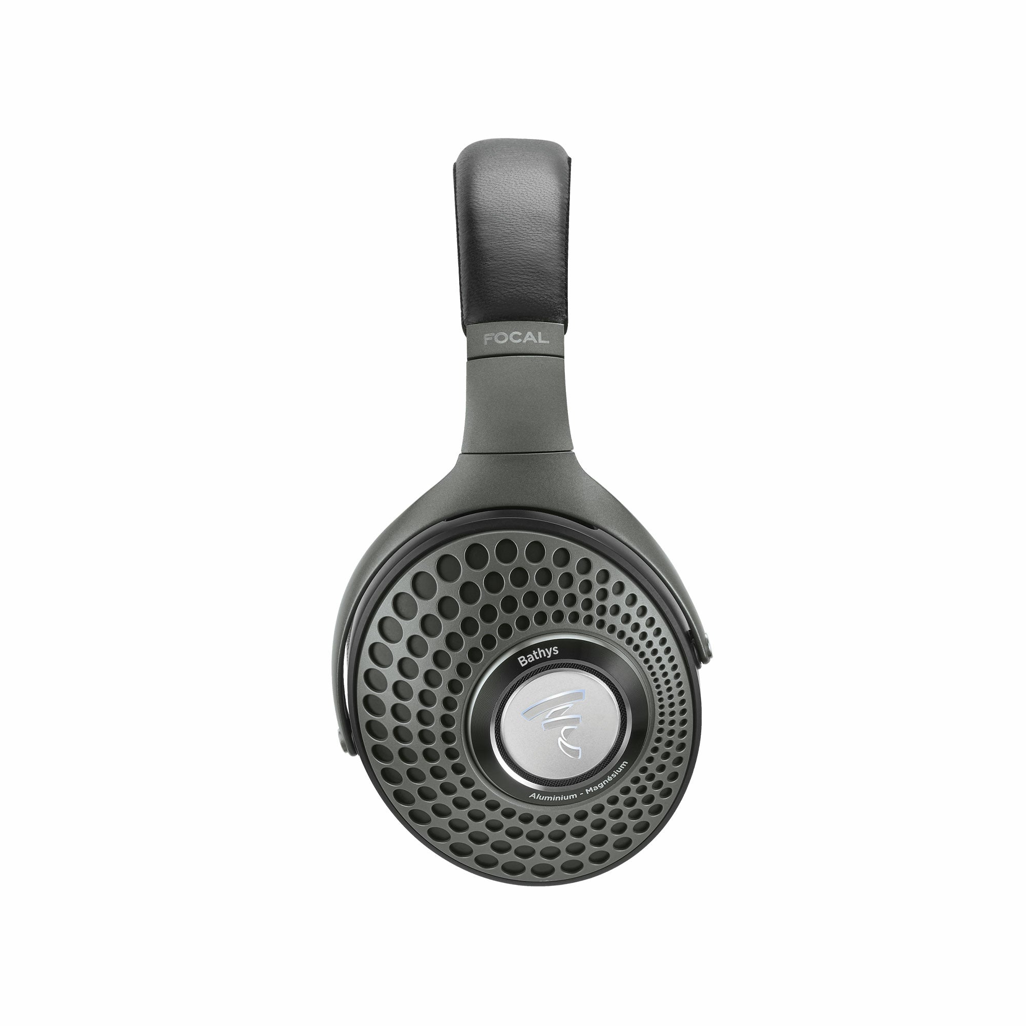 Căști Bluetooth Focal Bathys, vedere laterală, culoare verde, cu inscripție "Bathys" și detalii metalice.