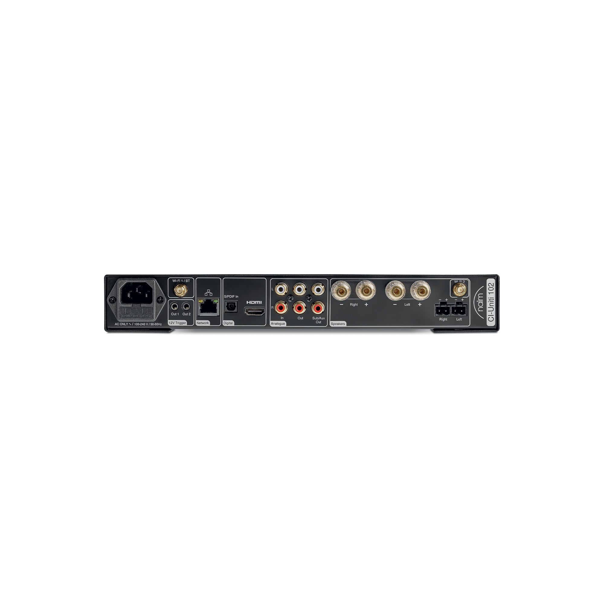 Spatele amplificatorului Naim CI-UNITI 102, negru, cu porturi HDMI, Ethernet, RCA și terminale boxe.