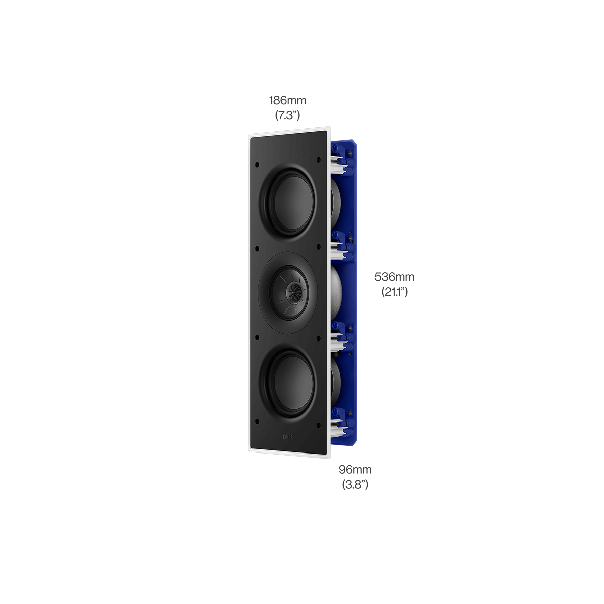 KEF Ci3120QLM-THX, desen tehnic cu dimensiunile din față și din lateral