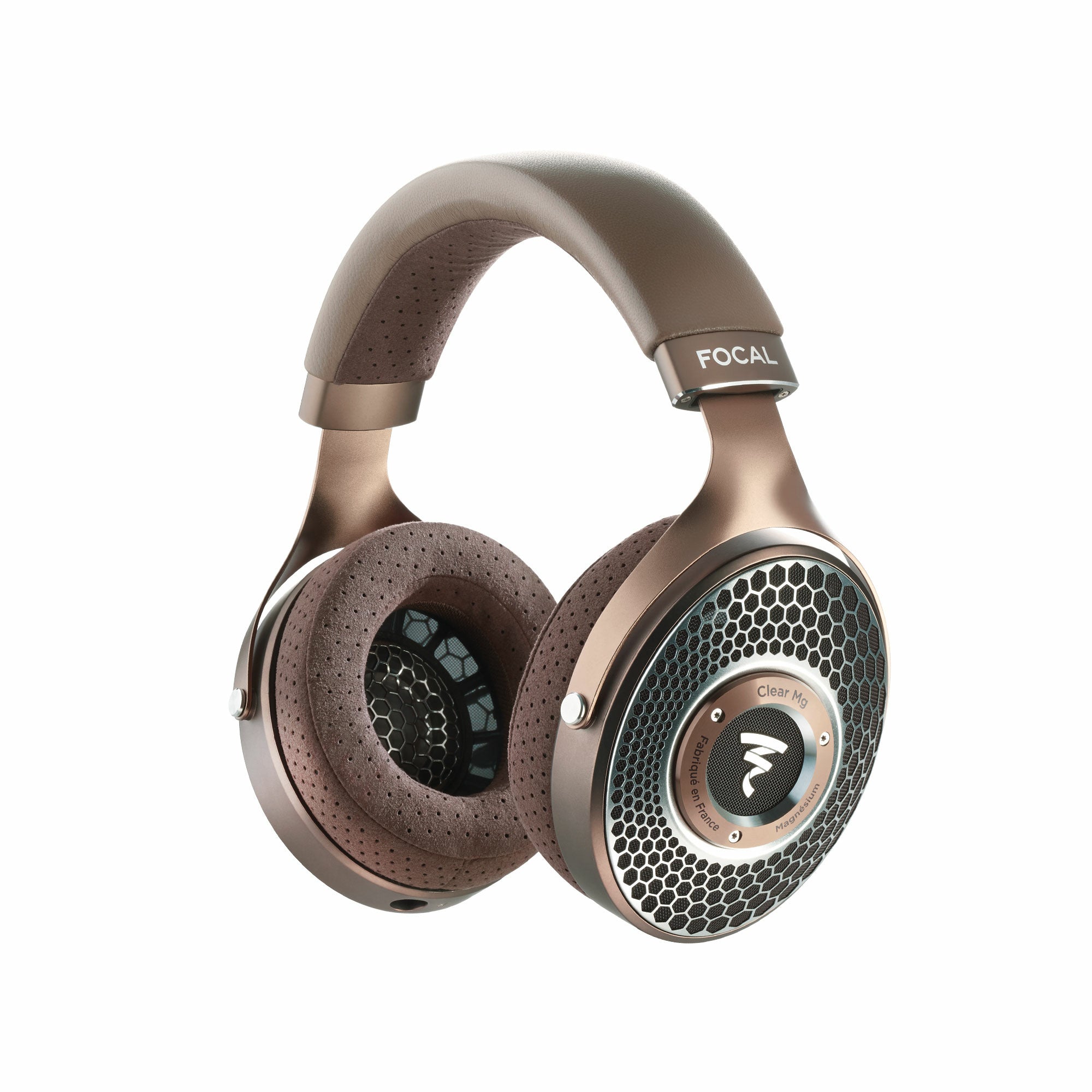 Căști Focal Clear MG, vedere laterală, culoare maro, cupe perforate și bandă de susținere căptușită.#color_brown