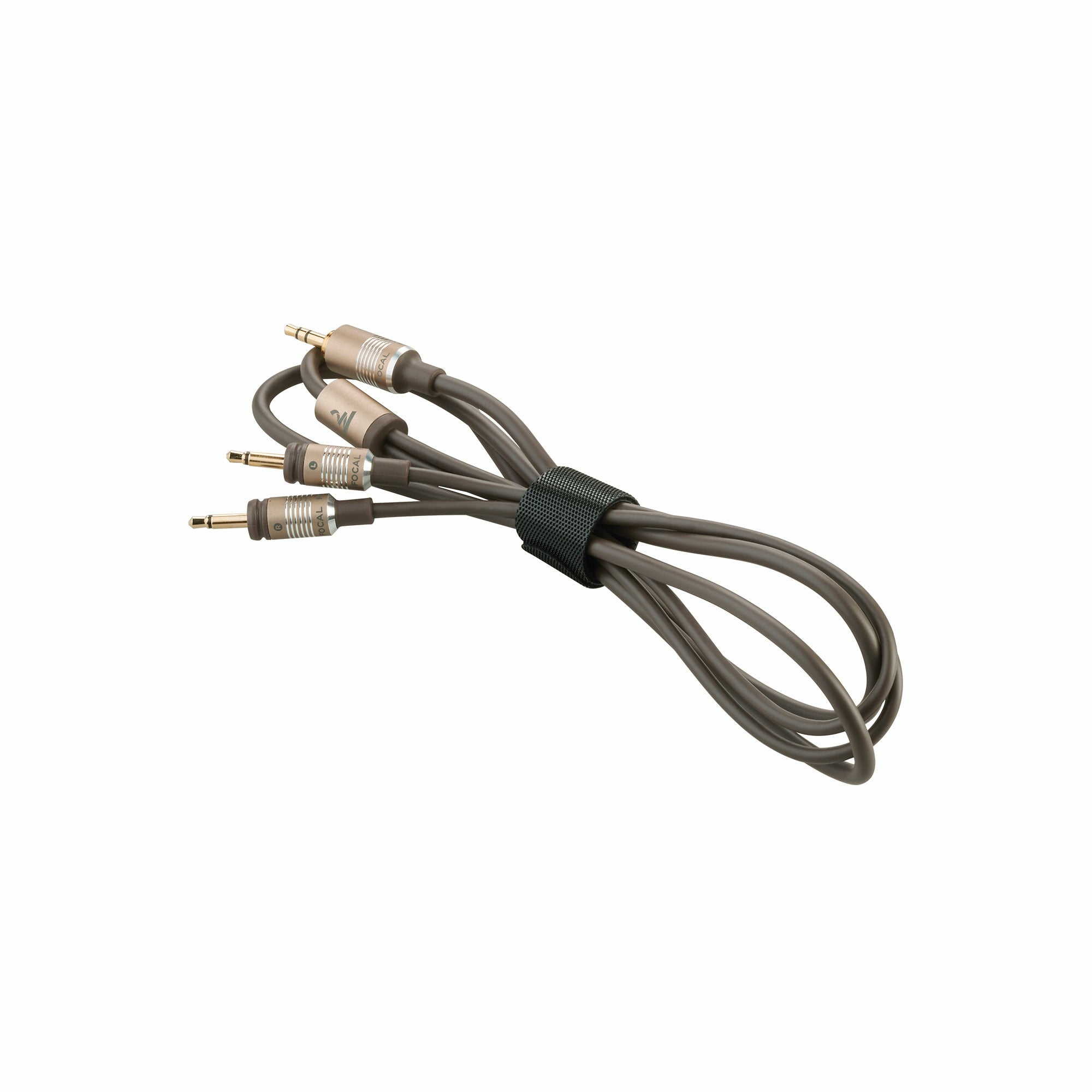 Cabluri Focal Clear MG, maro, cu conectori jack aurii, vedere laterală, pentru echipamente audio.