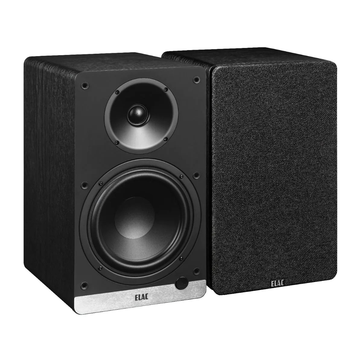 Boxe active Elac Debut ConneX DCB61 negre, vedere frontală, woofer și tweeter vizibile pe o boxă.