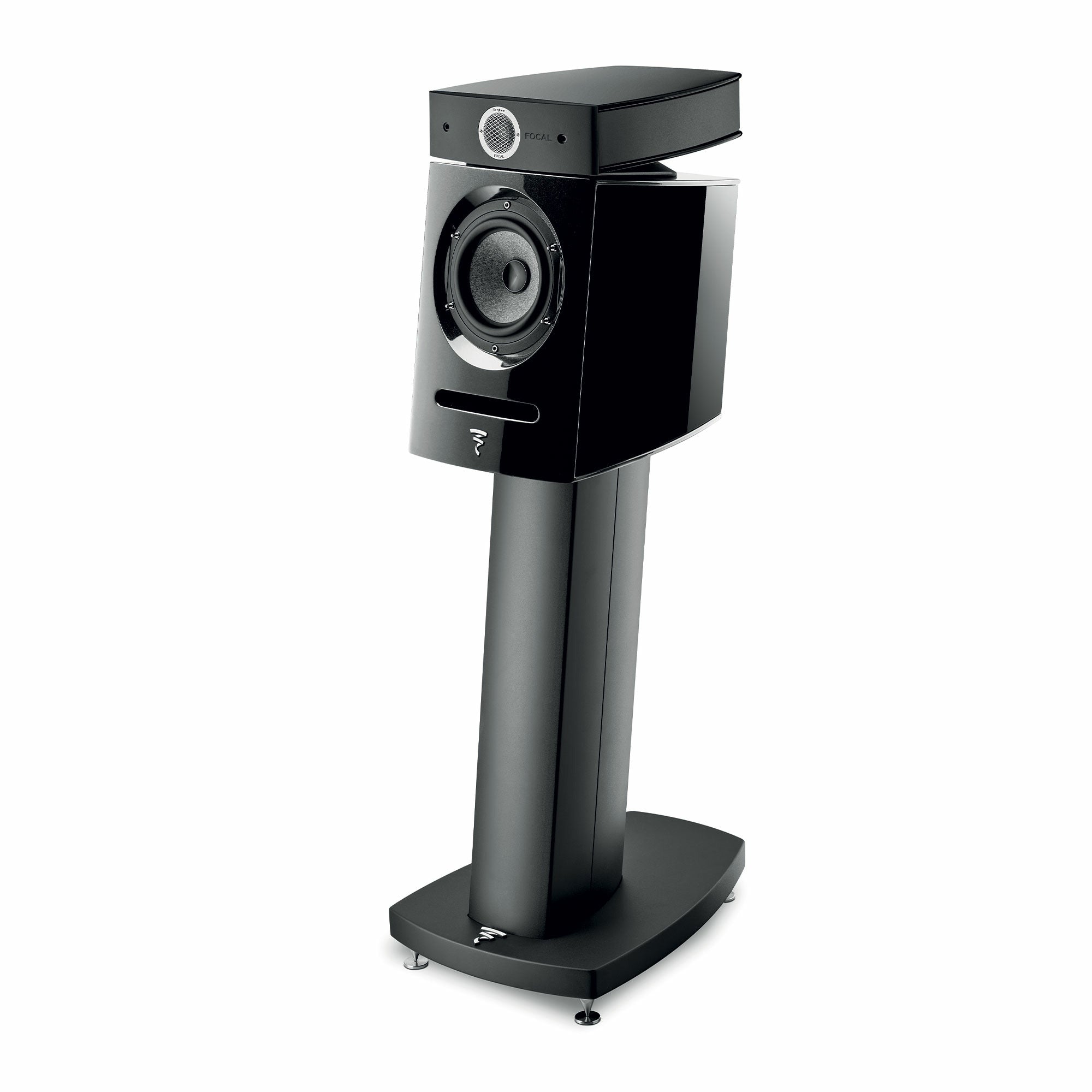 Focal Diablo Utopia Colour Evo Boxe de raft, vedere laterală, negru, pe suport. Woofer și tweeter vizibile.