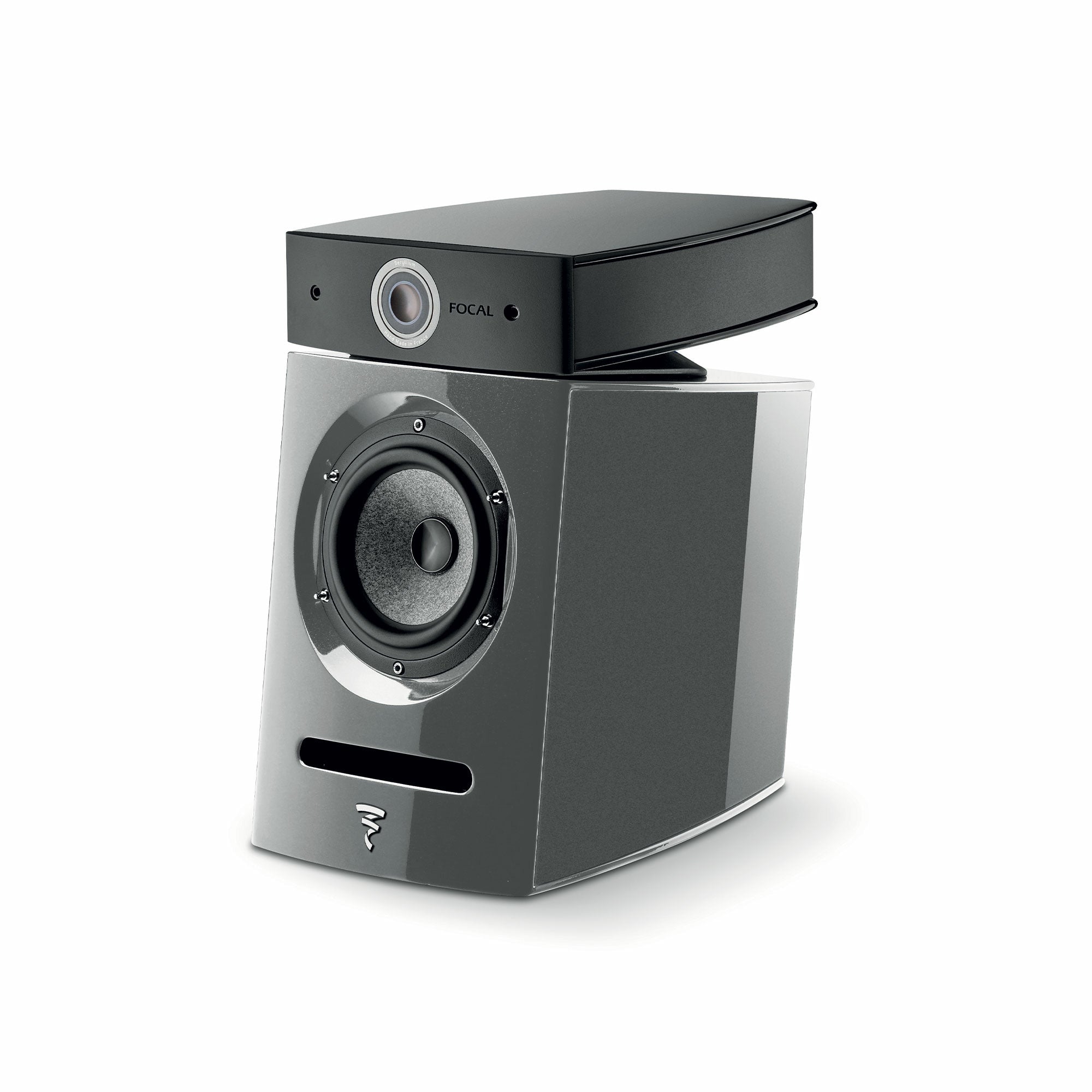 Focal Diablo Utopia Colour Evo Boxe de raft, unghi 34°, culoare gri, detalii difuzor și logo vizibile.