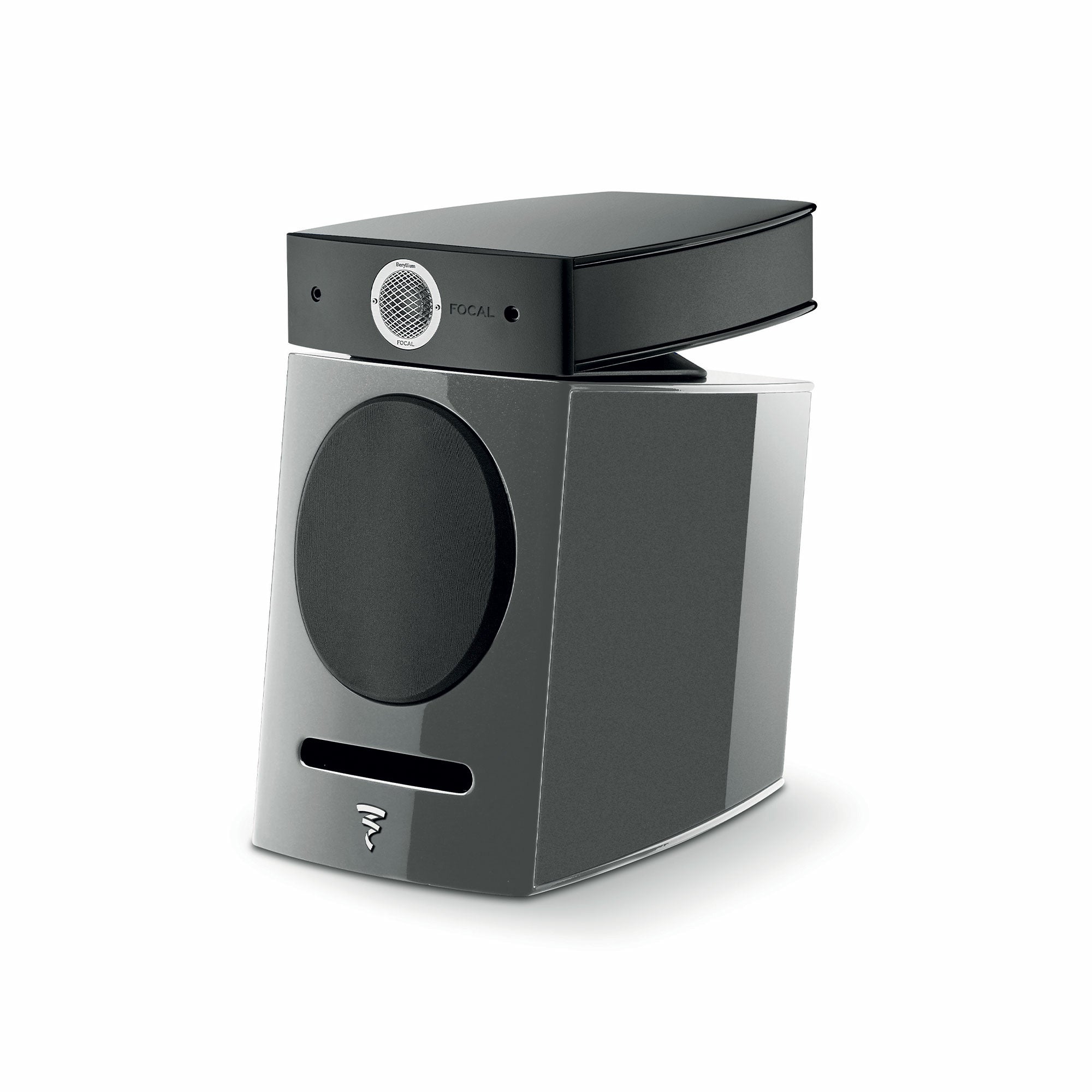 Focal Diablo Utopia Colour Evo, vedere din unghi de 34 de grade, finisaj gri, difuzor frontal vizibil.