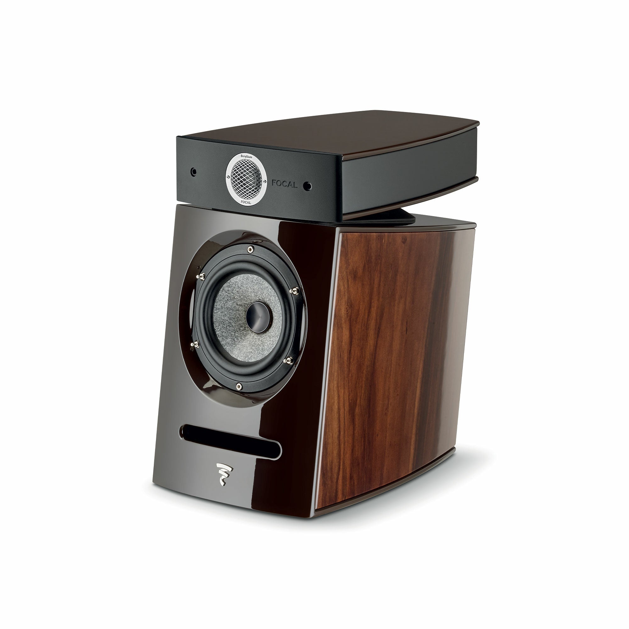 Focal Diablo Utopia Colour Evo Boxe de raft, vedere laterală, finisaj noyer închis, tweeter și woofer vizibile.