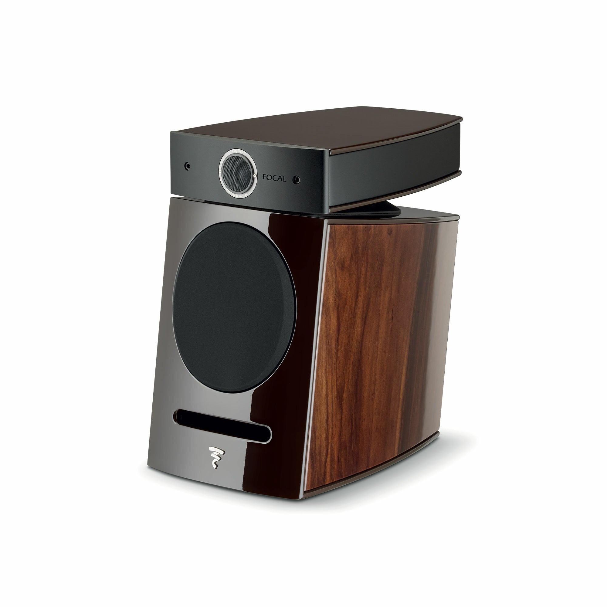 Focal Diablo Utopia Colour Evo, vedere laterală, finisaj noyer închis, difuzor frontal și logo vizibile.