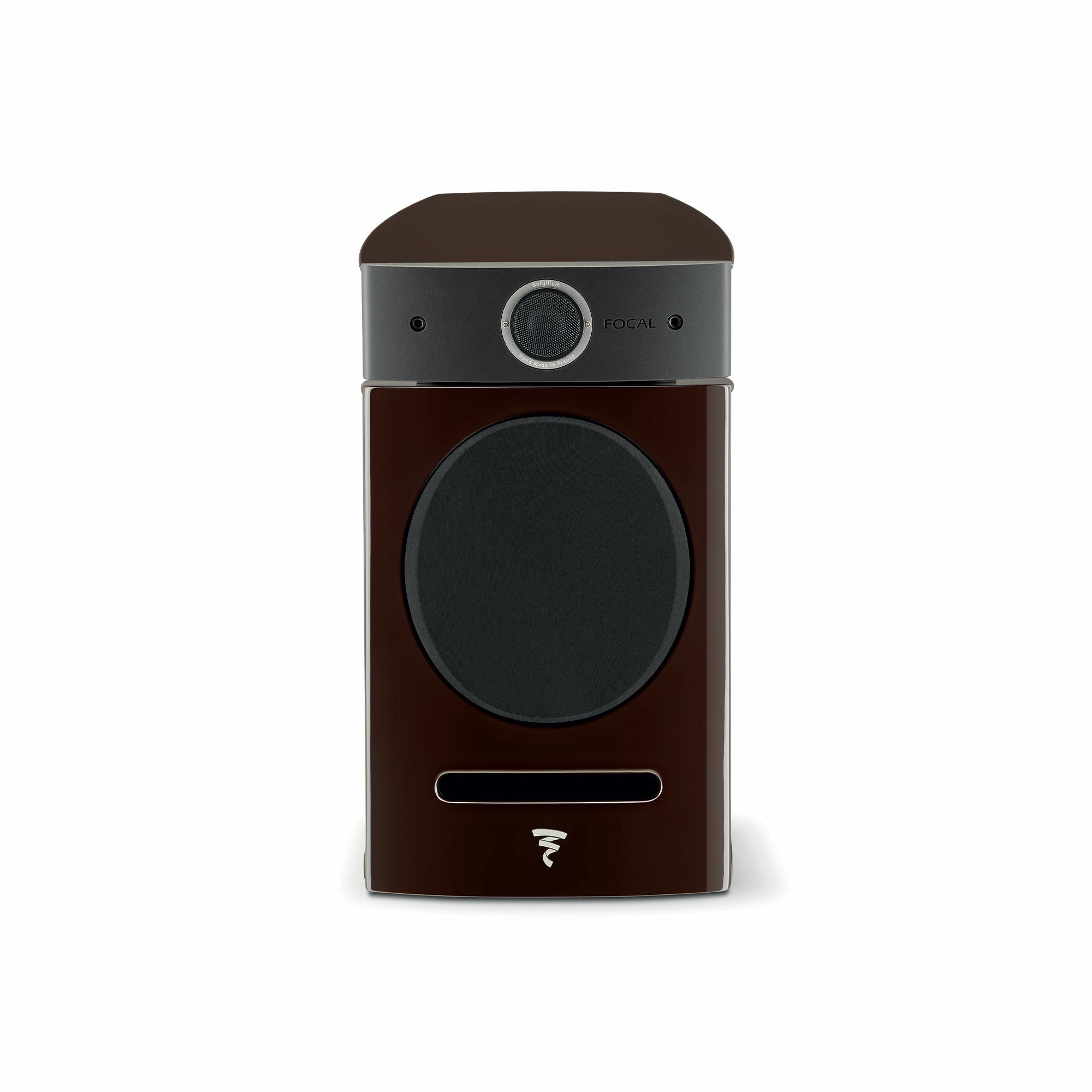 Focal Diablo Utopia Colour Evo, vedere frontală, culoare nuc închis, difuzor și logo vizibile. Boxe raft.