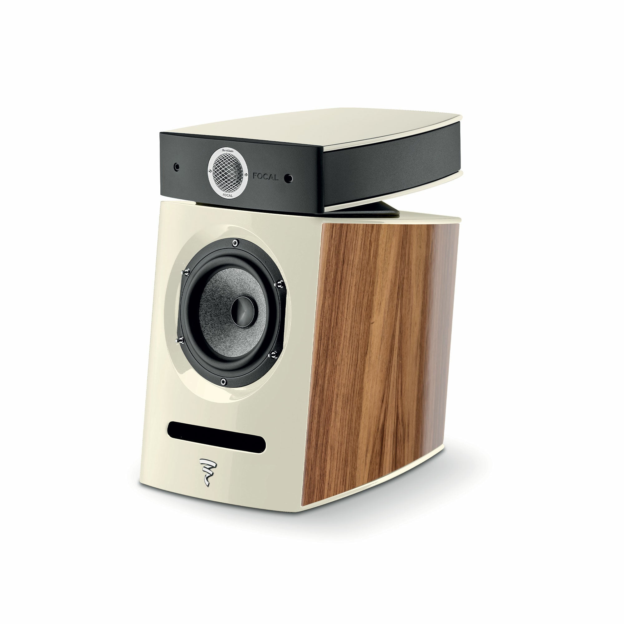 Focal Diablo Utopia Colour Evo Boxe de raft, unghi lateral, finisaj noyer natural, difuzor și tweeter vizibile.