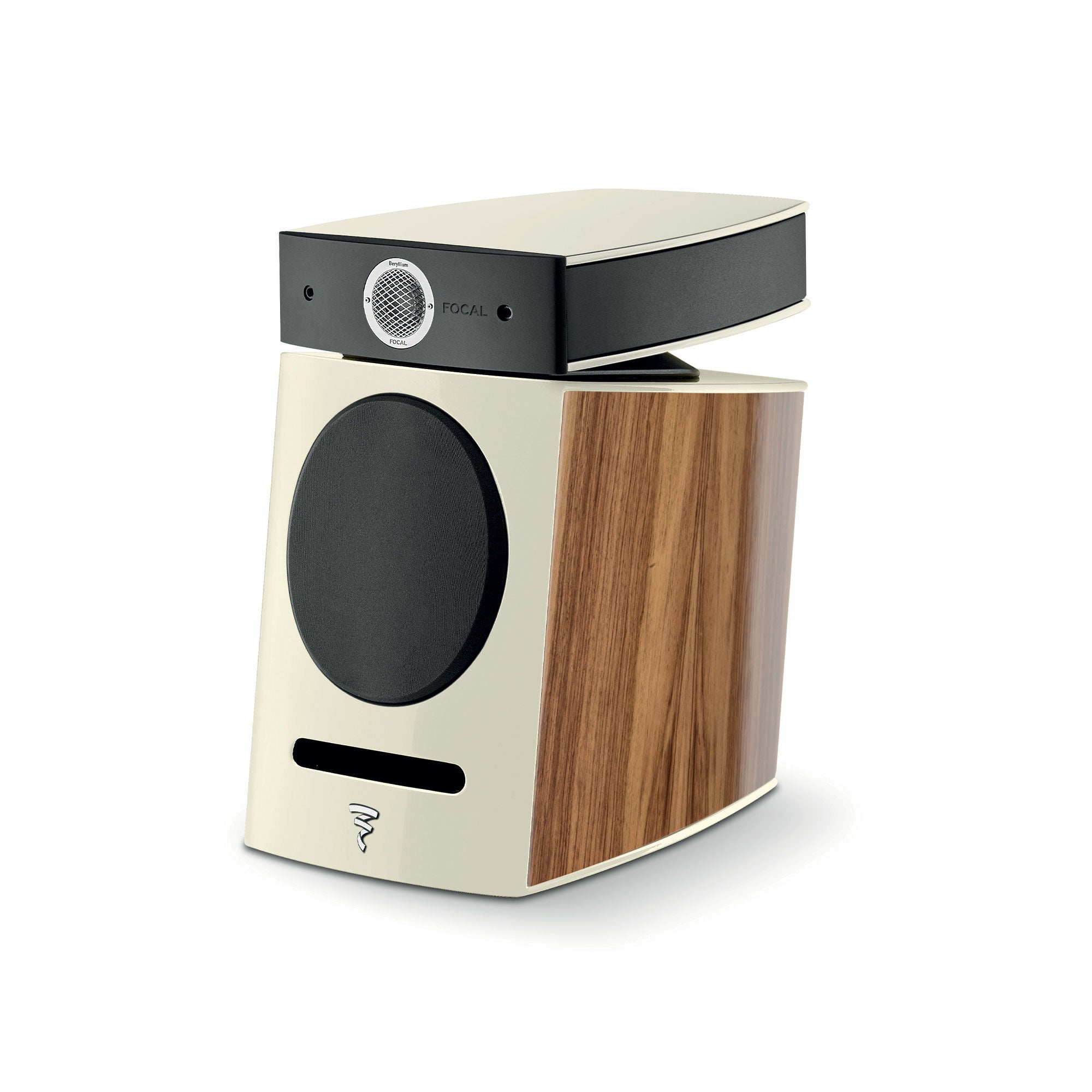Focal Diablo Utopia Colour Evo Boxe de raft, vedere laterală, finisaj noyer natural, tweeter vizibil.