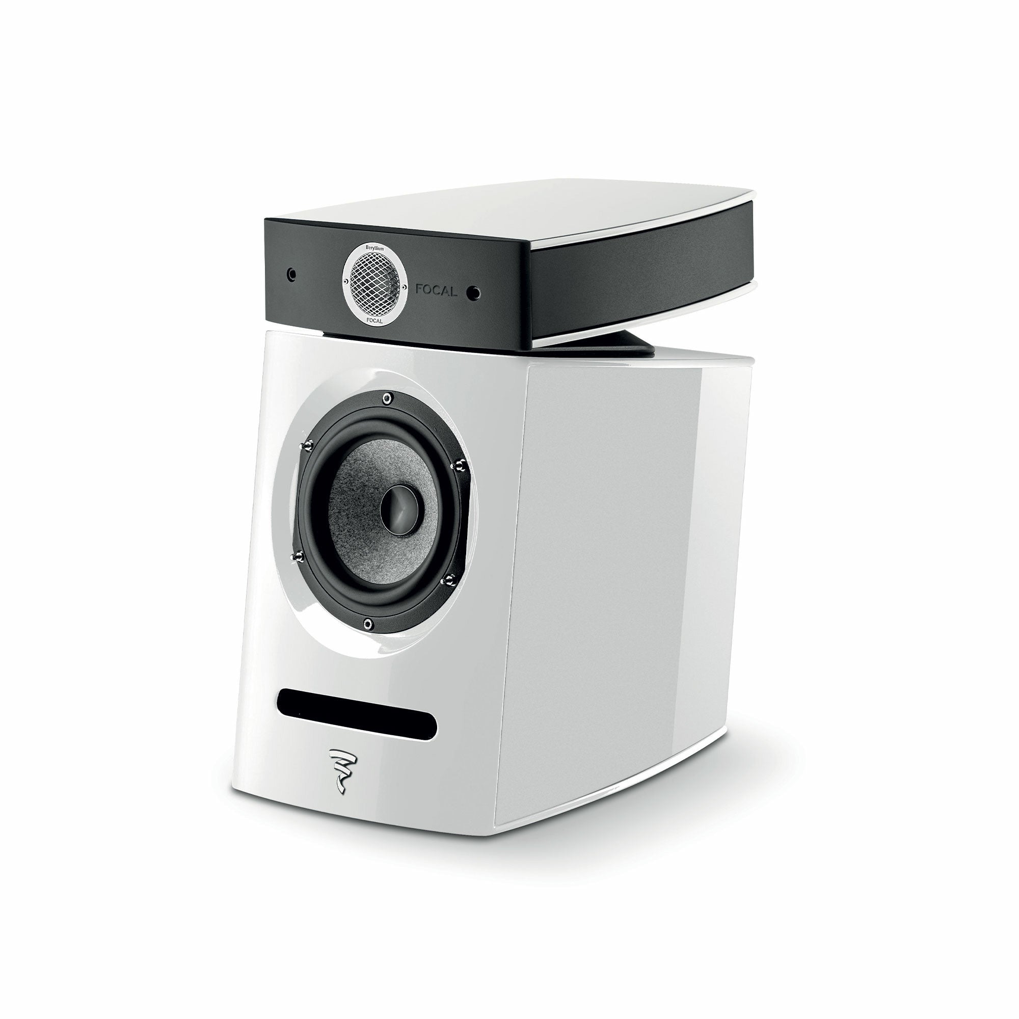 Focal Diablo Utopia Colour Evo, vedere din unghi de 34°, culoare albă, difuzor frontal și tweeter vizibile.
