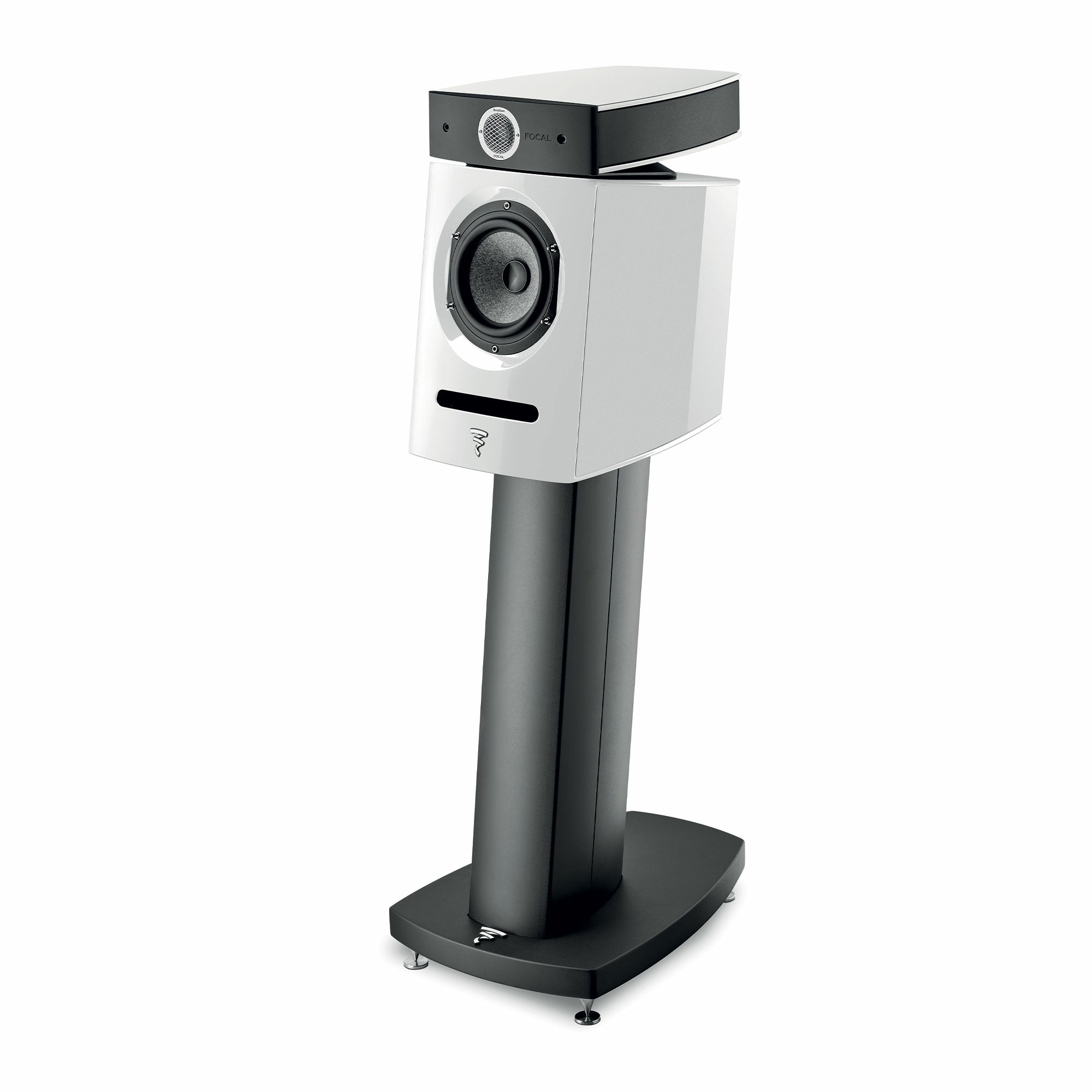 Focal Diablo Utopia Colour Evo alb, vedere din unghi de 34°, boxă de raft pe suport negru, difuzor vizibil.
