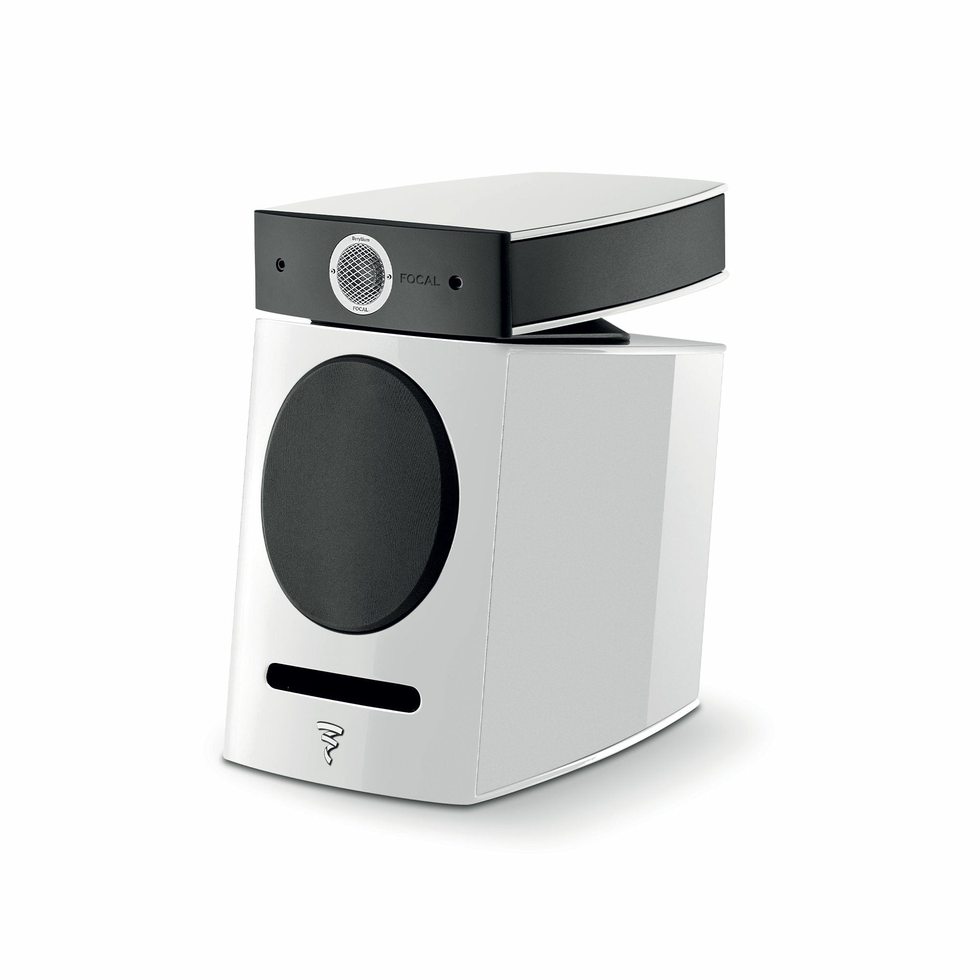 Focal Diablo Utopia Colour Evo Boxe de raft, vedere laterală albă, difuzor frontal și logo vizibil.