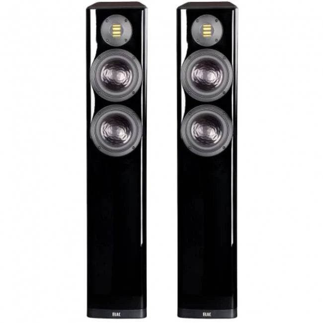Boxe de podea Elac Vela FS 407.2 negre, vedere frontală cu două difuzoare midbass și un tweeter AMT.