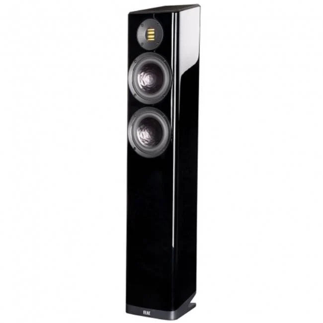 Boxă de podea Elac Vela FS 407.2 neagră, vedere frontală laterală, cu două difuzoare și tweeter vizibile.